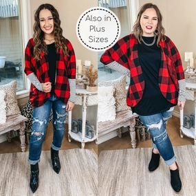 Suburb Ease EcoDyeProcess Lining Up Long Sleeve Dolman Cardigan with Striped Sleeves in Buffalo Plaid