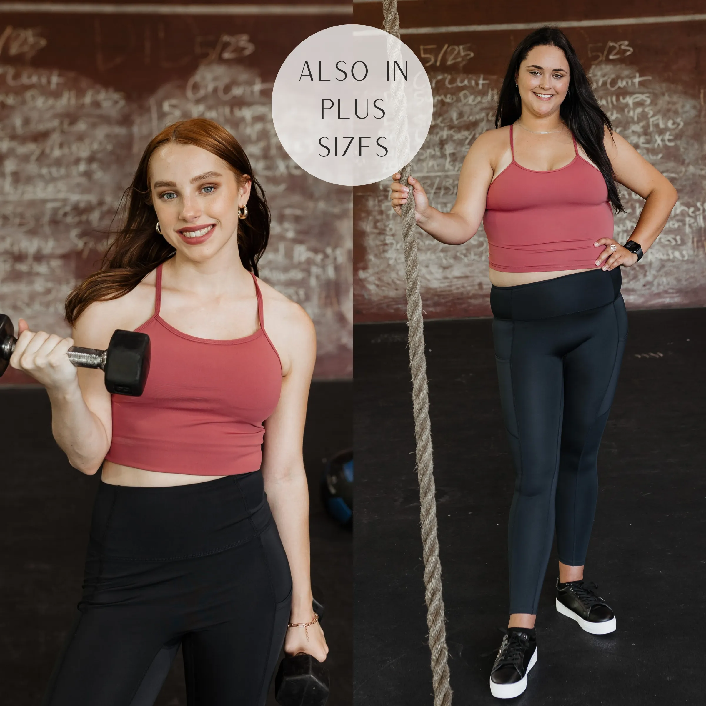 Lit & Fit Spaghetti Strap Sports Bra in Marsala Red Eco Conscious Dye Process Ribbed collar