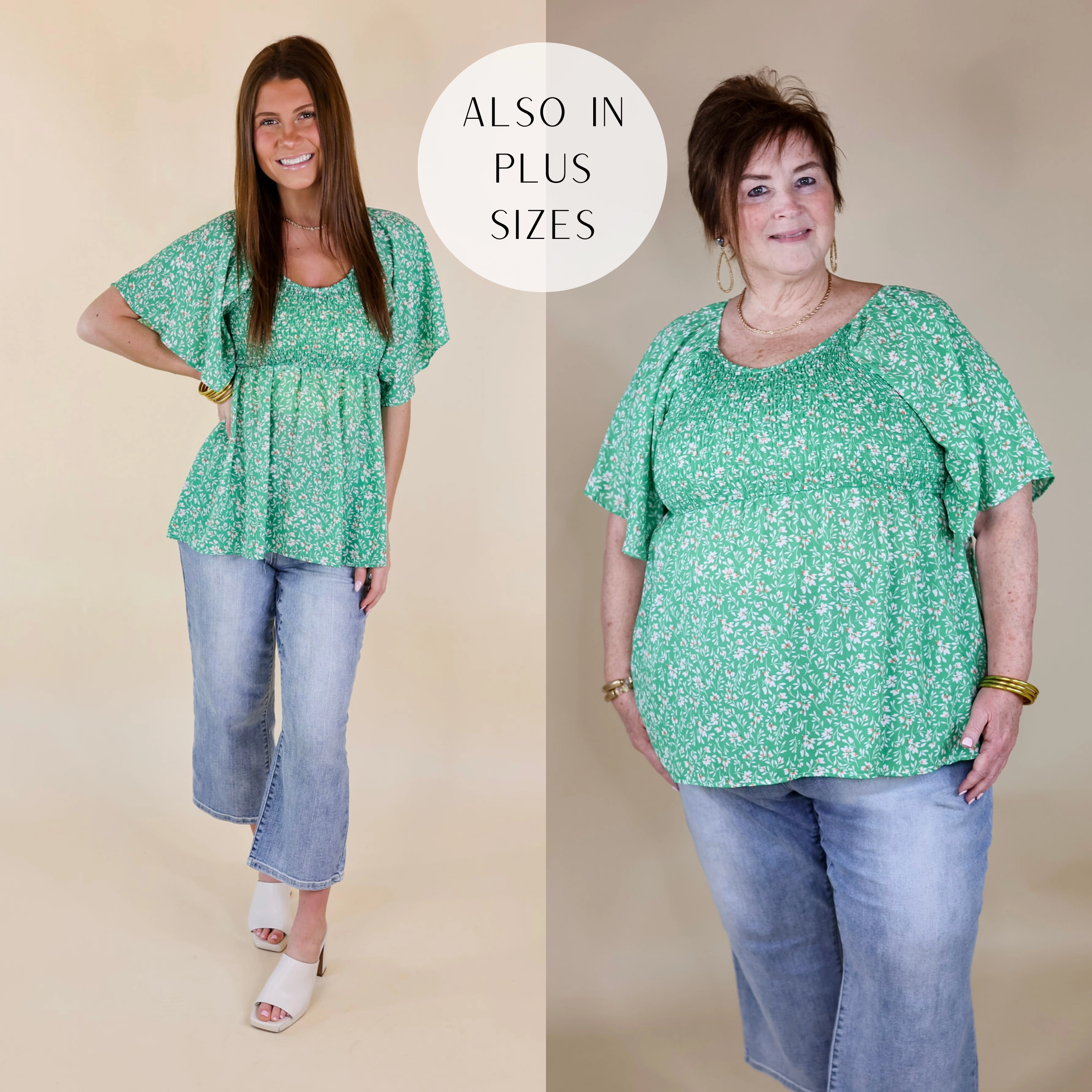 SmoothInnerLining Reinforced Edges Little Coastal Town Floral Short Sleeve Top with Smocked Bodice in Green