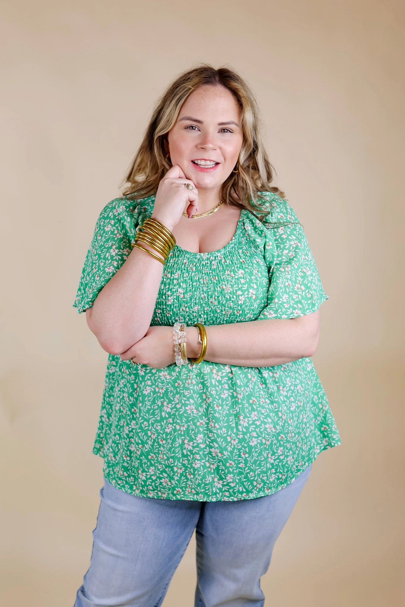 Little Coastal Town Floral Short Sleeve Top with Smocked Bodice in Green Global Glow Earth Fit