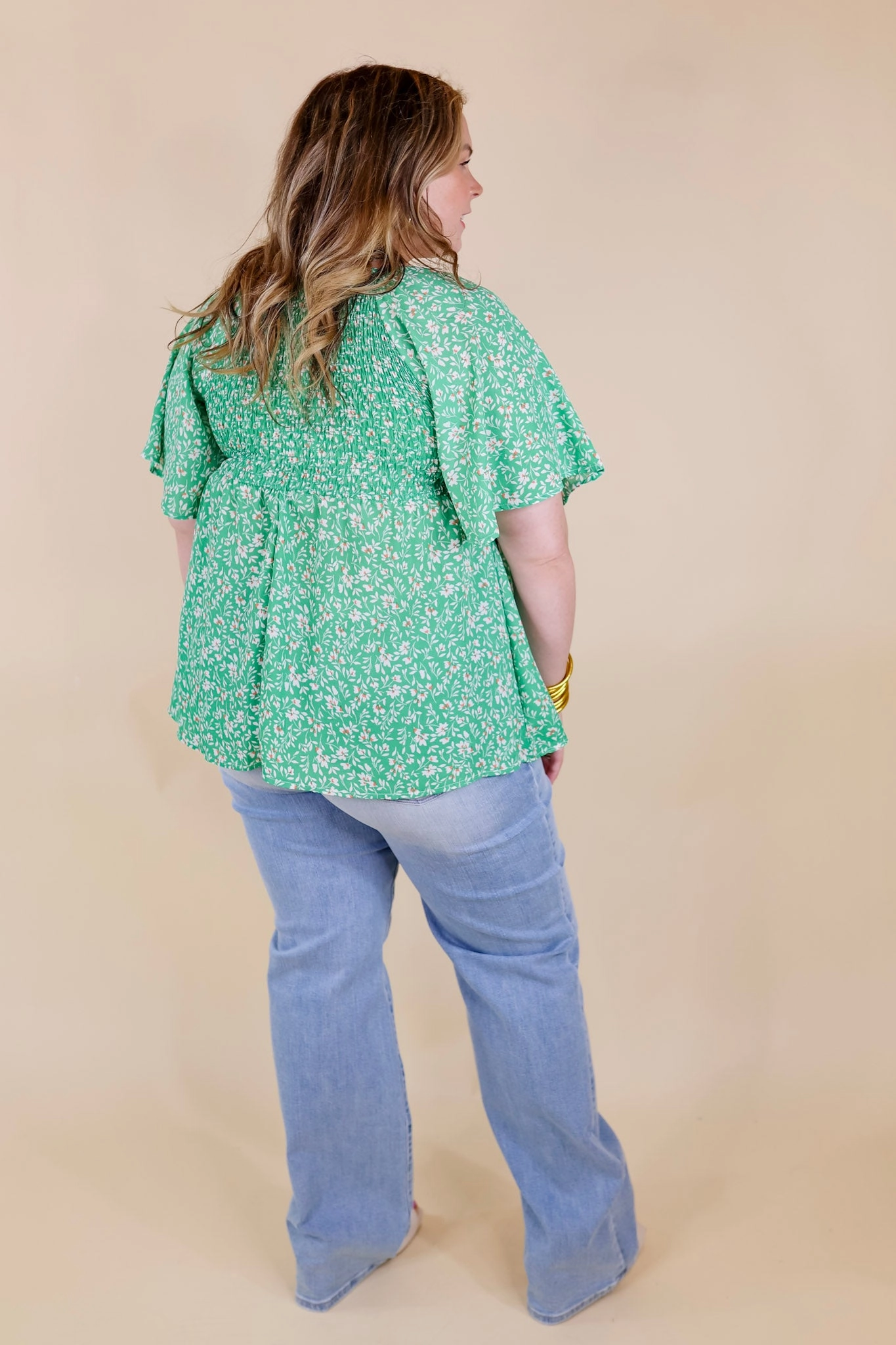 Little Coastal Town Floral Short Sleeve Top with Smocked Bodice in Green Casual Pants