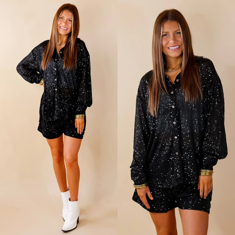 Flatlock stitching Little Miss Perfect Sequin Button Up Top in Black