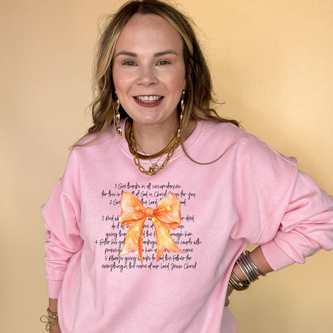 Online Exclusive | Thankful Reminders and Orange Autumn Bow Graphic Sweatshirt in Multiple color Options Printed uniqueness Reinforced Collar
