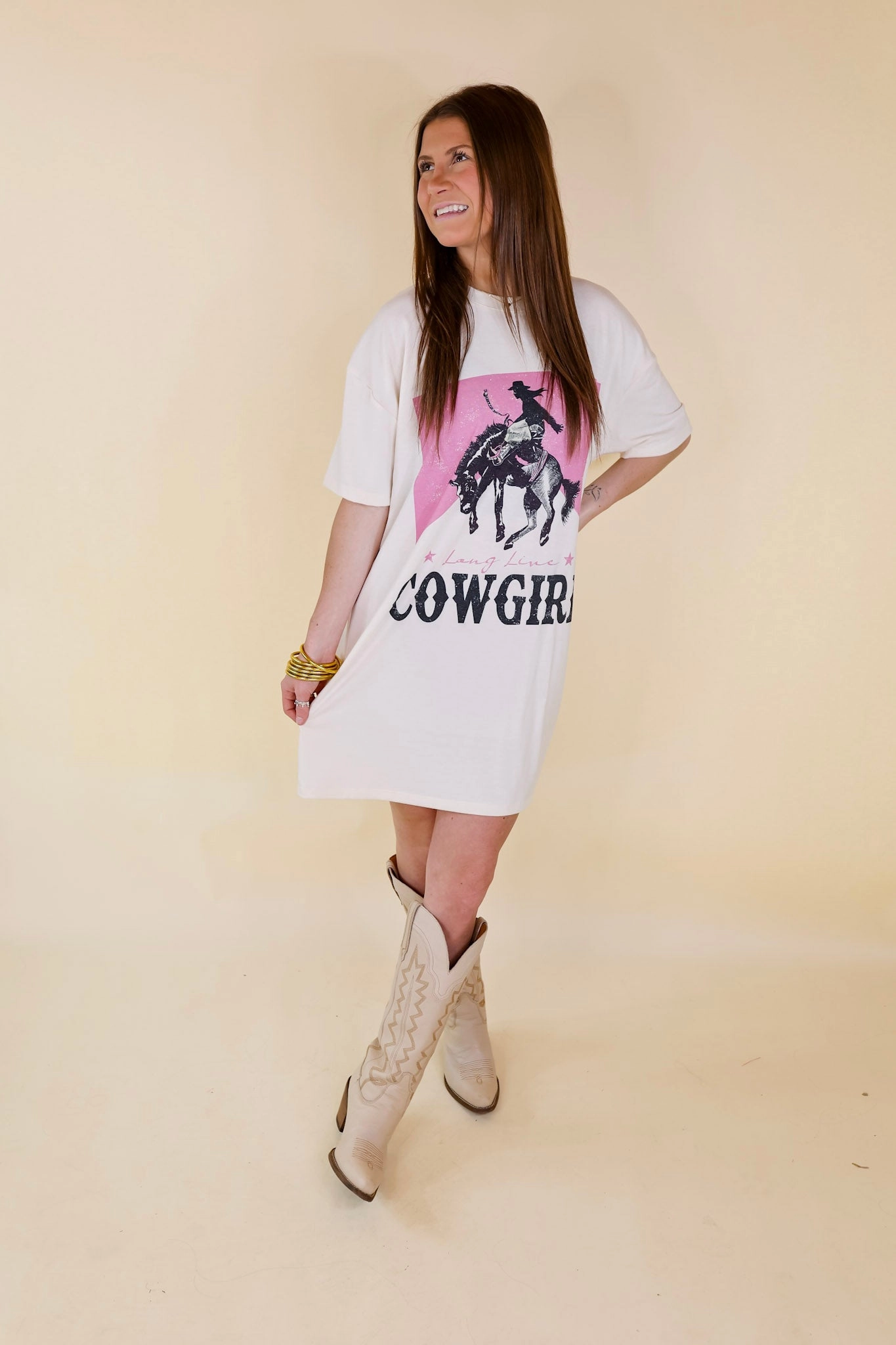 Long Live Cowgirl Short Sleeve Tee Shirt Dress in Cream Lift Mode
