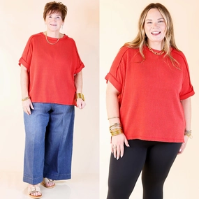 Winter Layering Daily Perfection Scoop Neck Short Sleeve Ribbed Top in Red