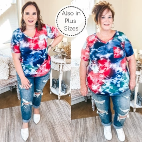 Last Chance | Just Right Short Sleeve Tie Dye V Neck Pocket Tee in Navy and Red Diamond Soul Strong Edge