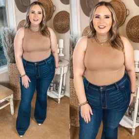 NonChafe Lining Lightweight Weave Material Love and Luck Turtle Neck Ribbed Tank Top Bodysuit in Nude