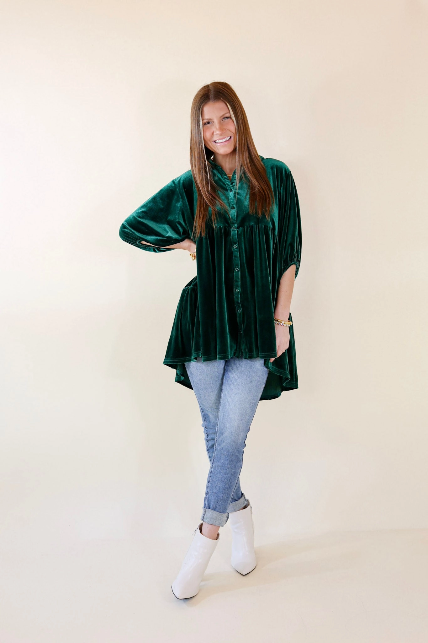 Love Link Button Up Velvet Half Sleeve Babydoll Tunic Top in Emerald Green Light Fit Fashion Footwear