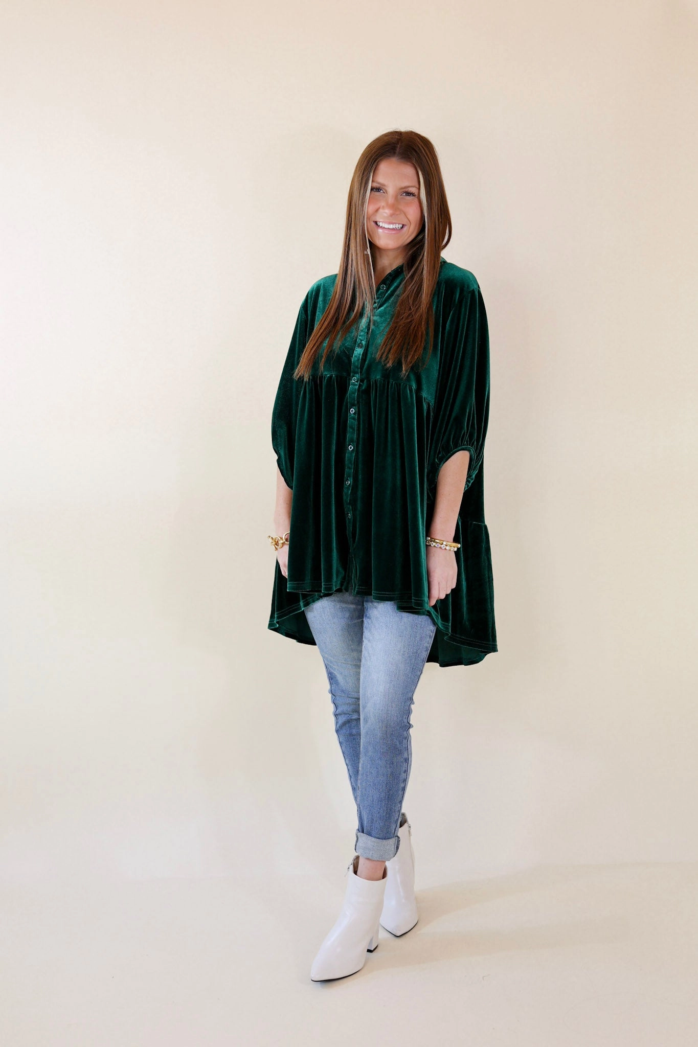 Love Link Button Up Velvet Half Sleeve Babydoll Tunic Top in Emerald Green Wind Ease Flexible Waistline