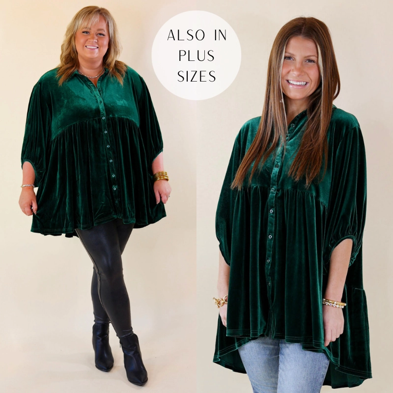 Love Link Button Up Velvet Half Sleeve Babydoll Tunic Top in Emerald Green Stylish Bottom