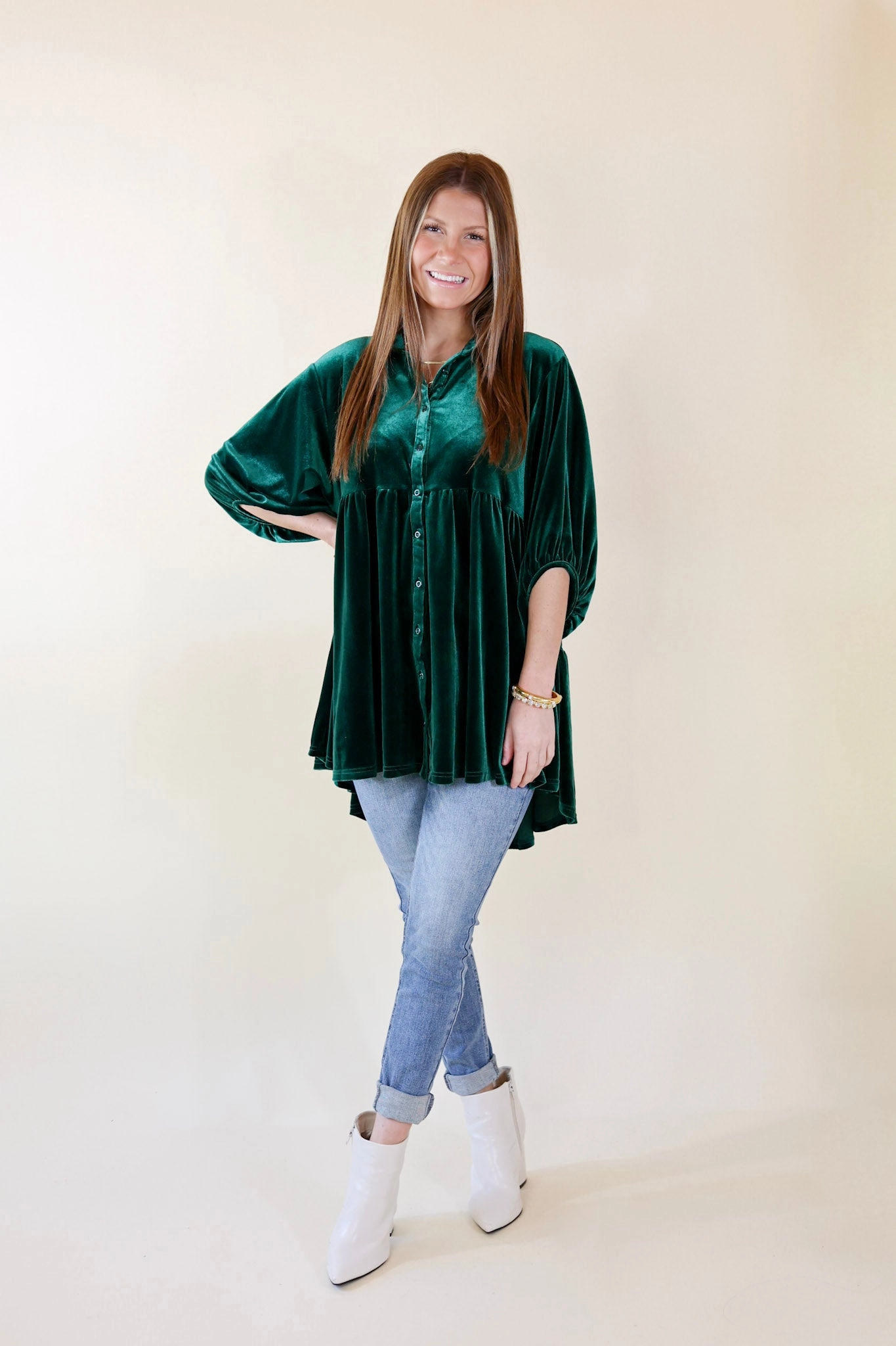 Love Link Button Up Velvet Half Sleeve Babydoll Tunic Top in Emerald Green hypoallergenic material