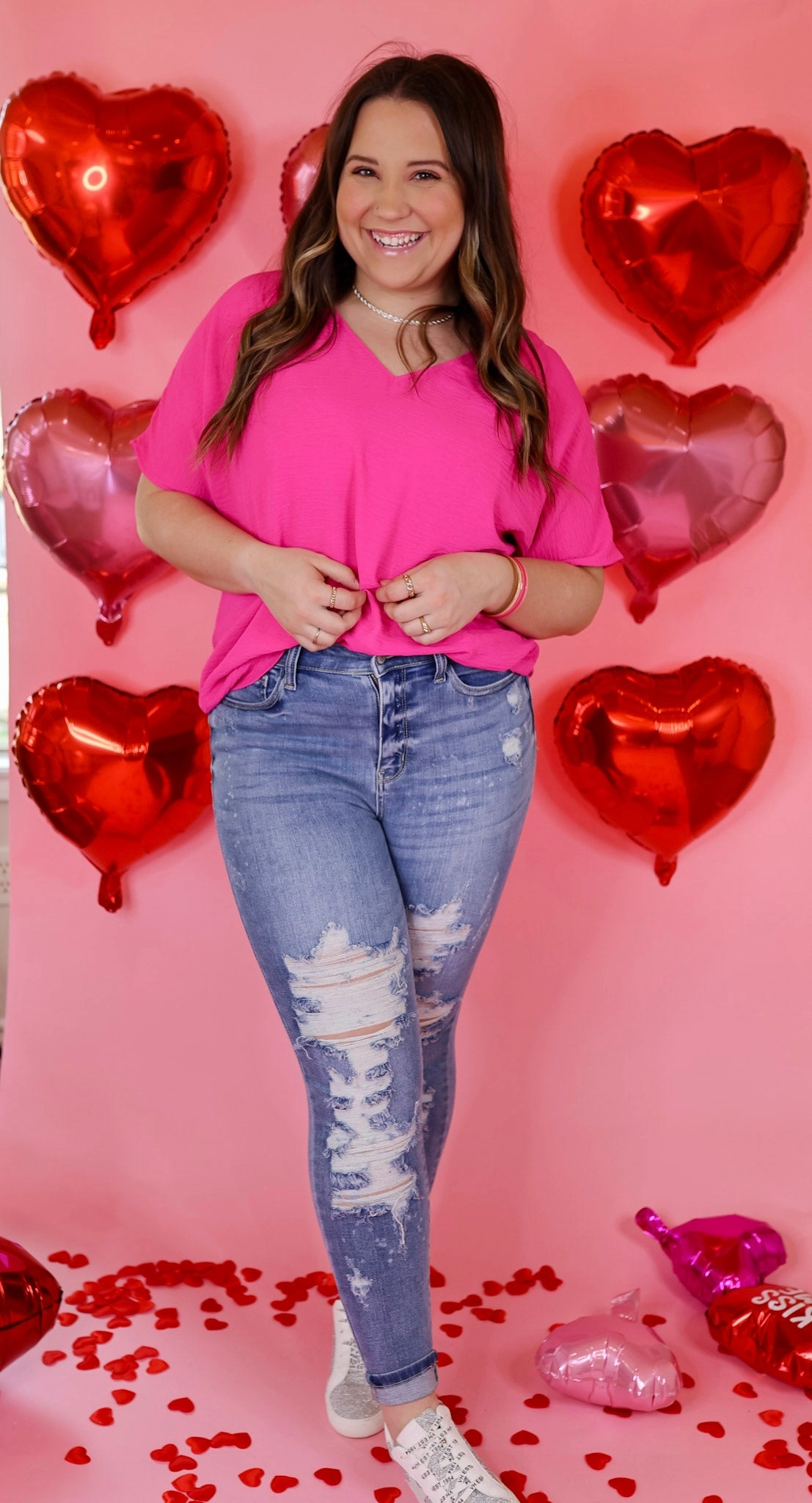 Lovely Dear V Neck Short Sleeve Solid Top in Fuchsia Pink MoistureWicking