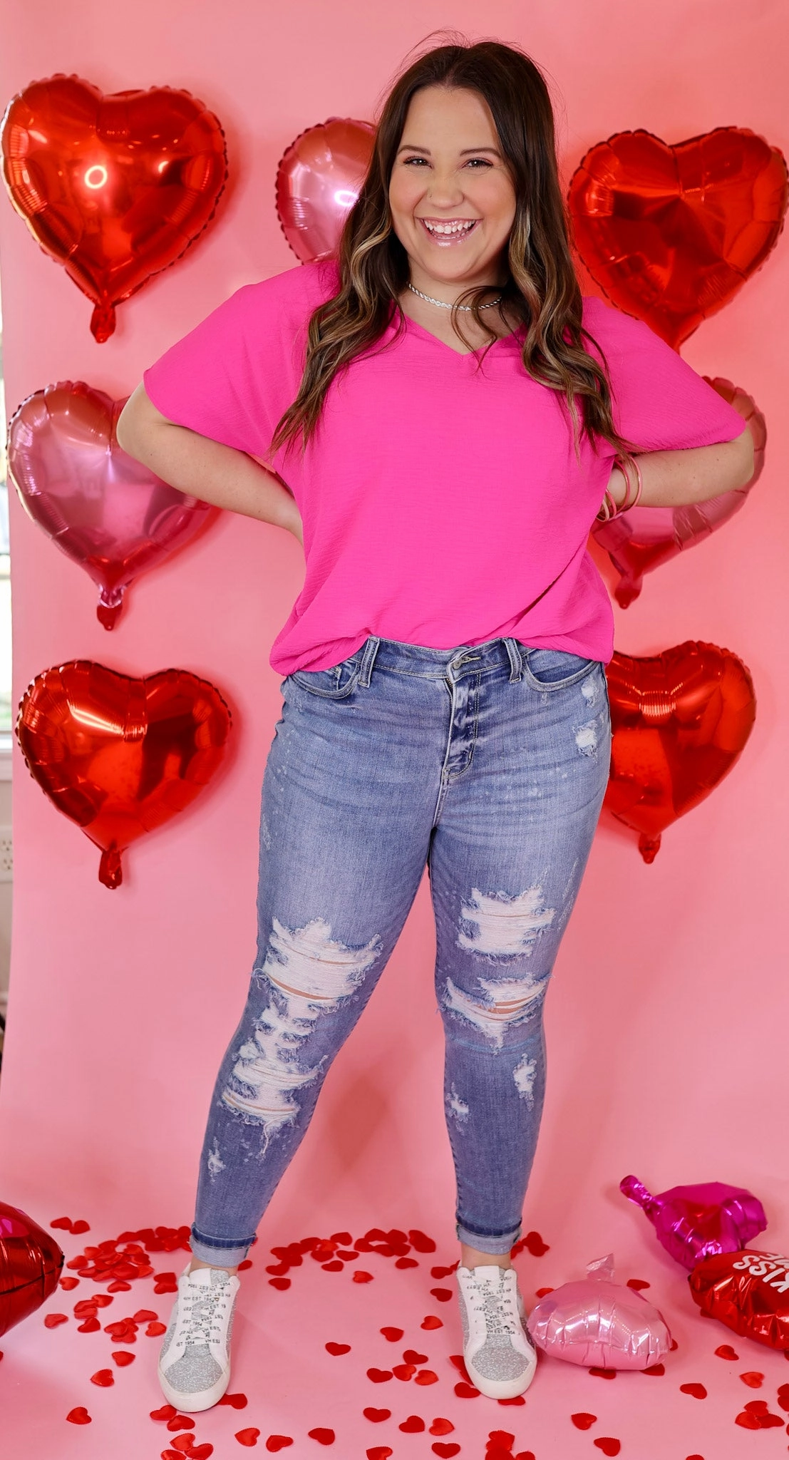 EcoFriendly Textiles NonBindingEdges Lovely Dear V Neck Short Sleeve Solid Top in Fuchsia Pink