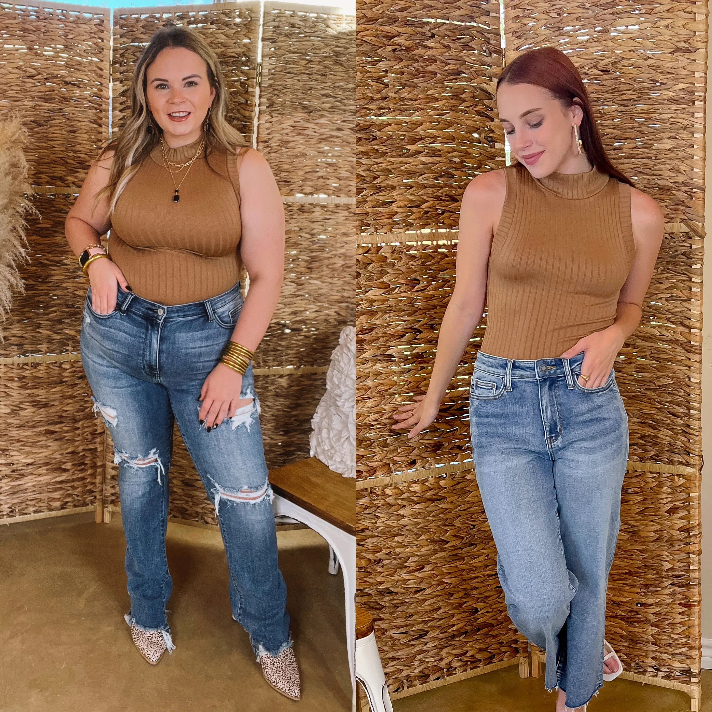 Take Me Somewhere High Neck Ribbed Tank Top in Mocha Wrinkle Resistant Textile AdjustableNeckline