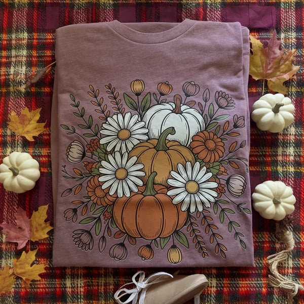 Online Exclusive | Pumpkins with Daisies Graphic on Short Sleeve Tee in Mauve Purple Quick Layer Lightweight Fashion