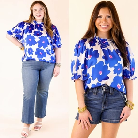 Divine Design Floral Blouse With Puffed Sleeve and Ruffle Neckline in Cobalt Blue Lightweight Layers Sheer Panel