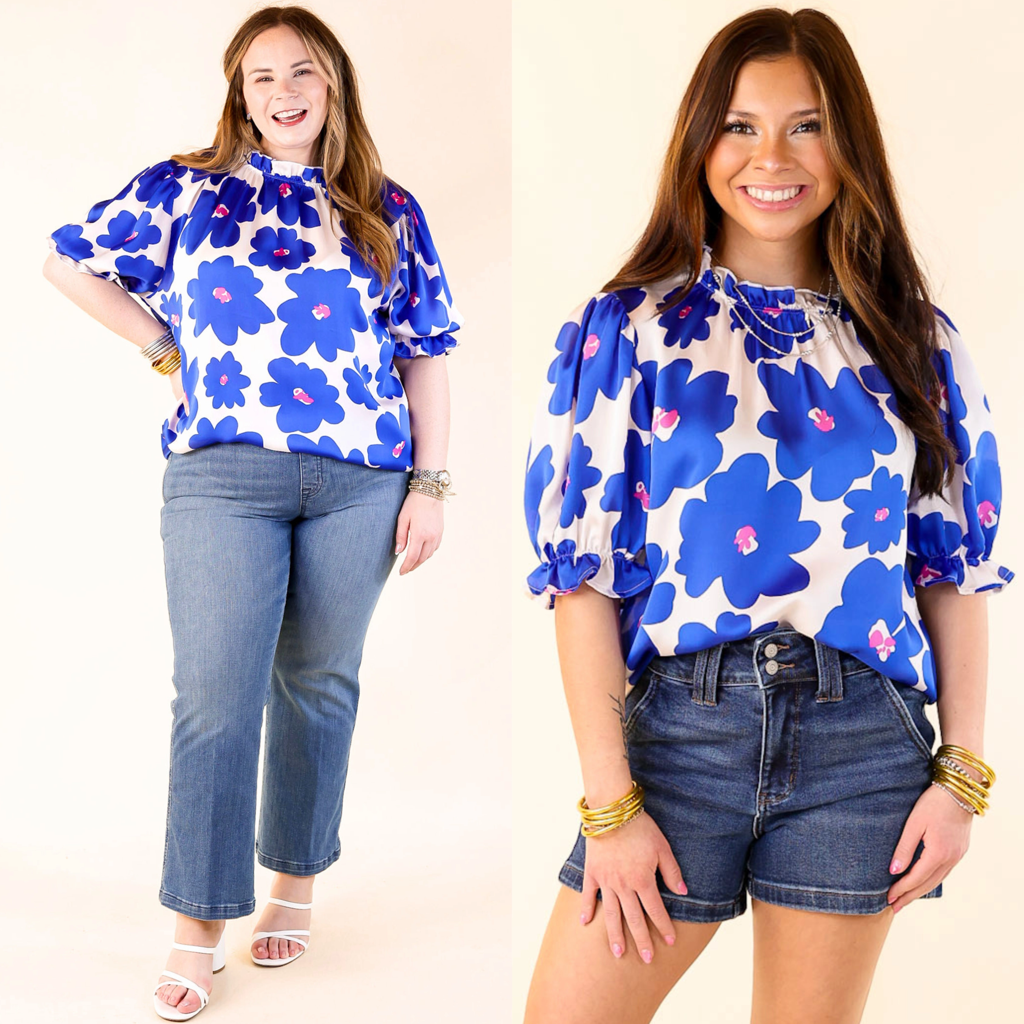 Divine Design Floral Blouse With Puffed Sleeve and Ruffle Neckline in Cobalt Blue Lightweight Layers Sheer Panel