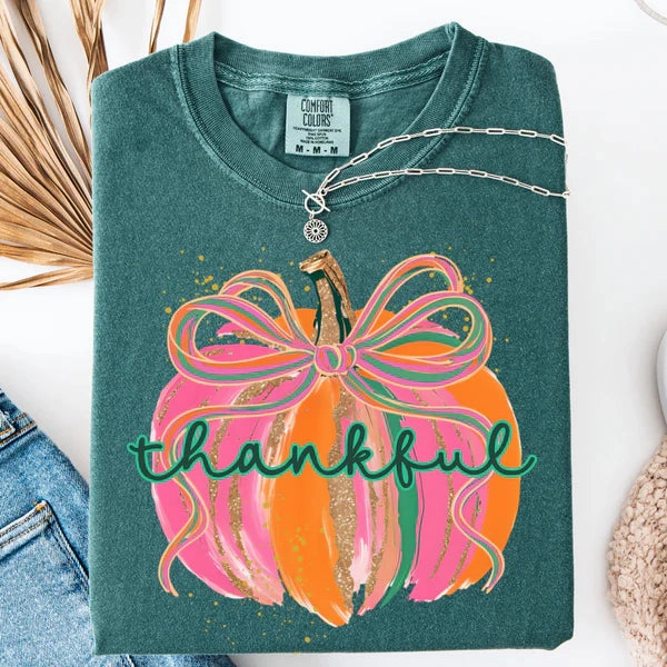 Fresh and Cool Thankful Pumpkin Graphic on Short Sleeve Comfort Color Tee in Blue Spruce