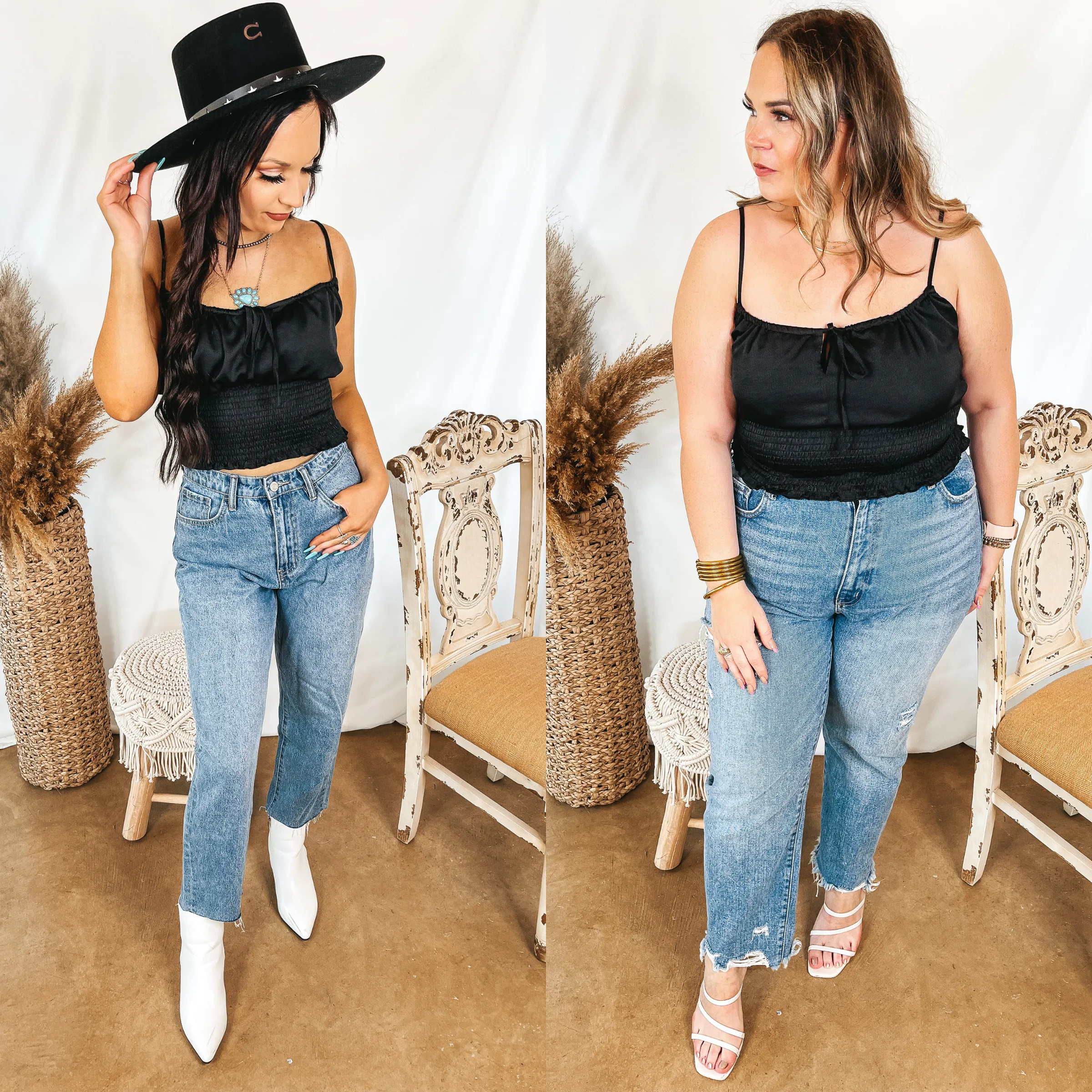 Last Chance Size Small | Proud To Be Spaghetti Strap Crop Top with Front Keyhole in Black Full Coverage Fit