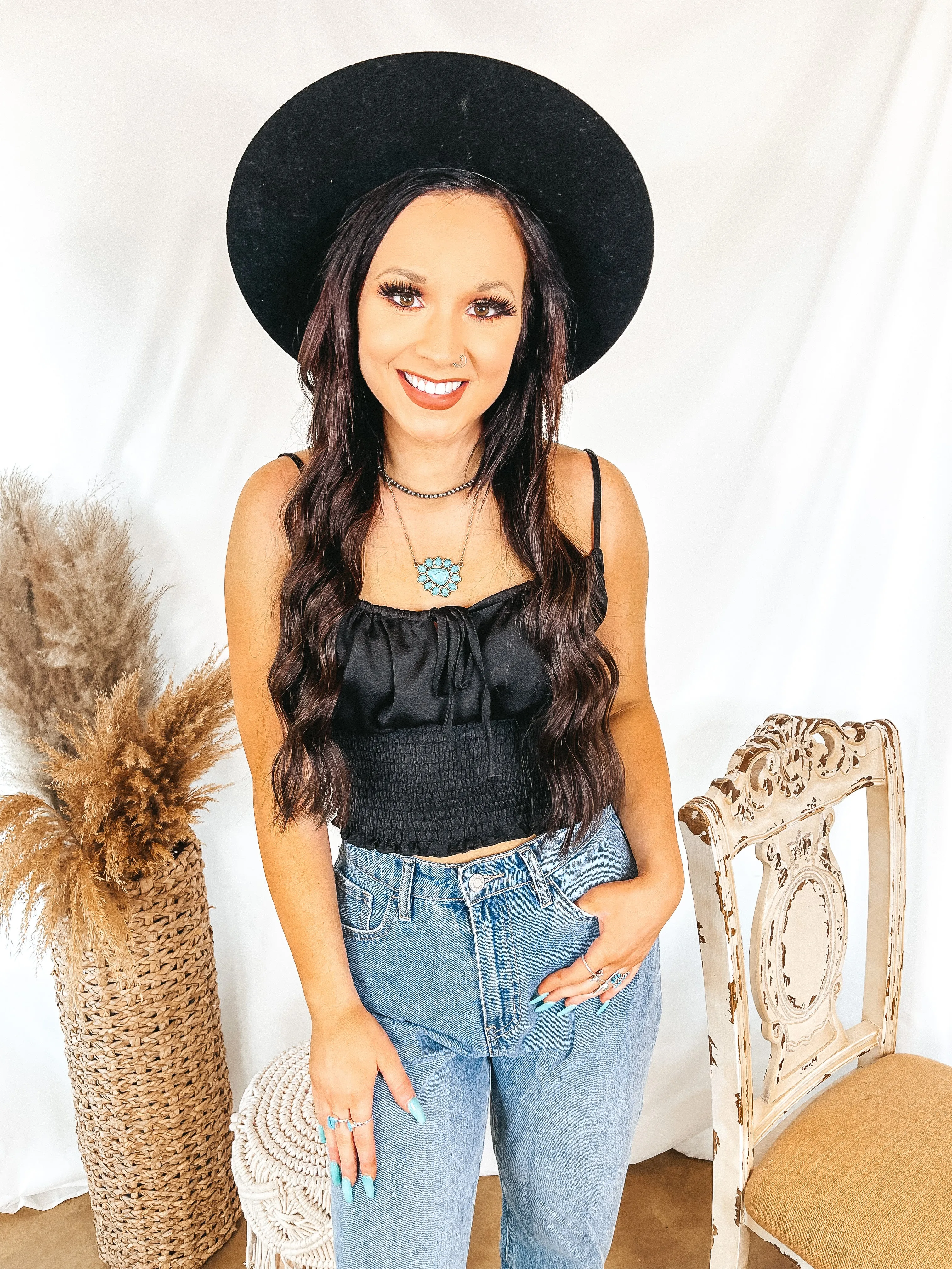 Sustainable Manufacturing Last Chance Size Small | Proud To Be Spaghetti Strap Crop Top with Front Keyhole in Black