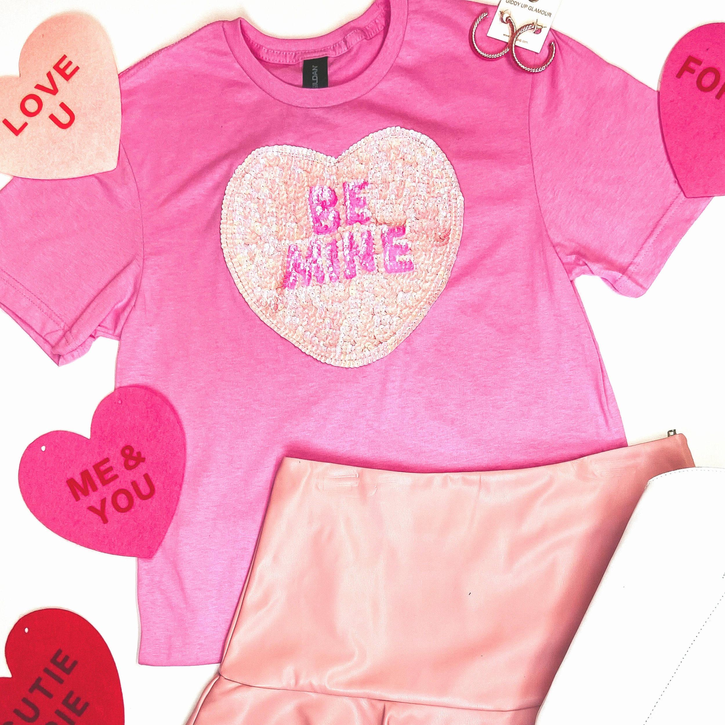 Customizable Be Mine Sequin Heart Short Sleeve Graphic Tee in Pink