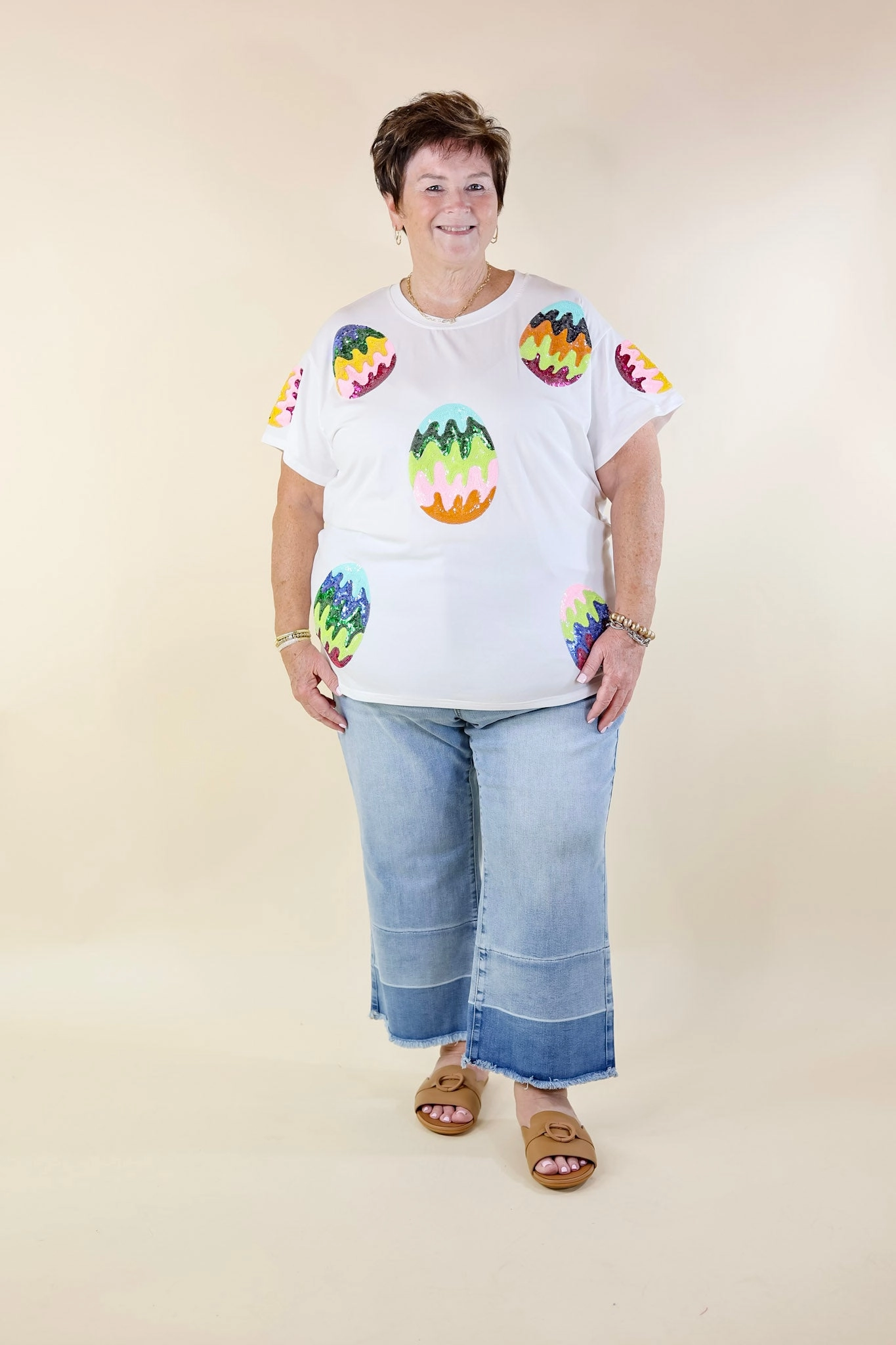 Queen Of Sparkles | Easter Elegance Sequin Egg Top in White Classic Sweater