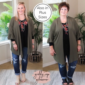 Tell Me About It Sheer Kimono with Ruffle Sleeves in Olive Green Joyful Mood Warm Base