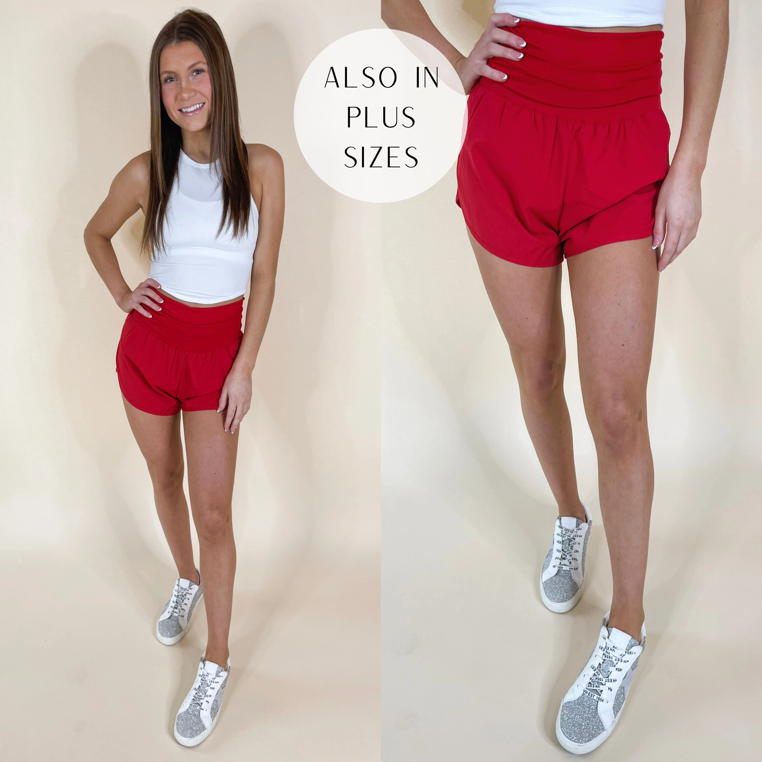 Running Laps Fold-Over High Waist Wind Shorts in Red StainResistant Fabric