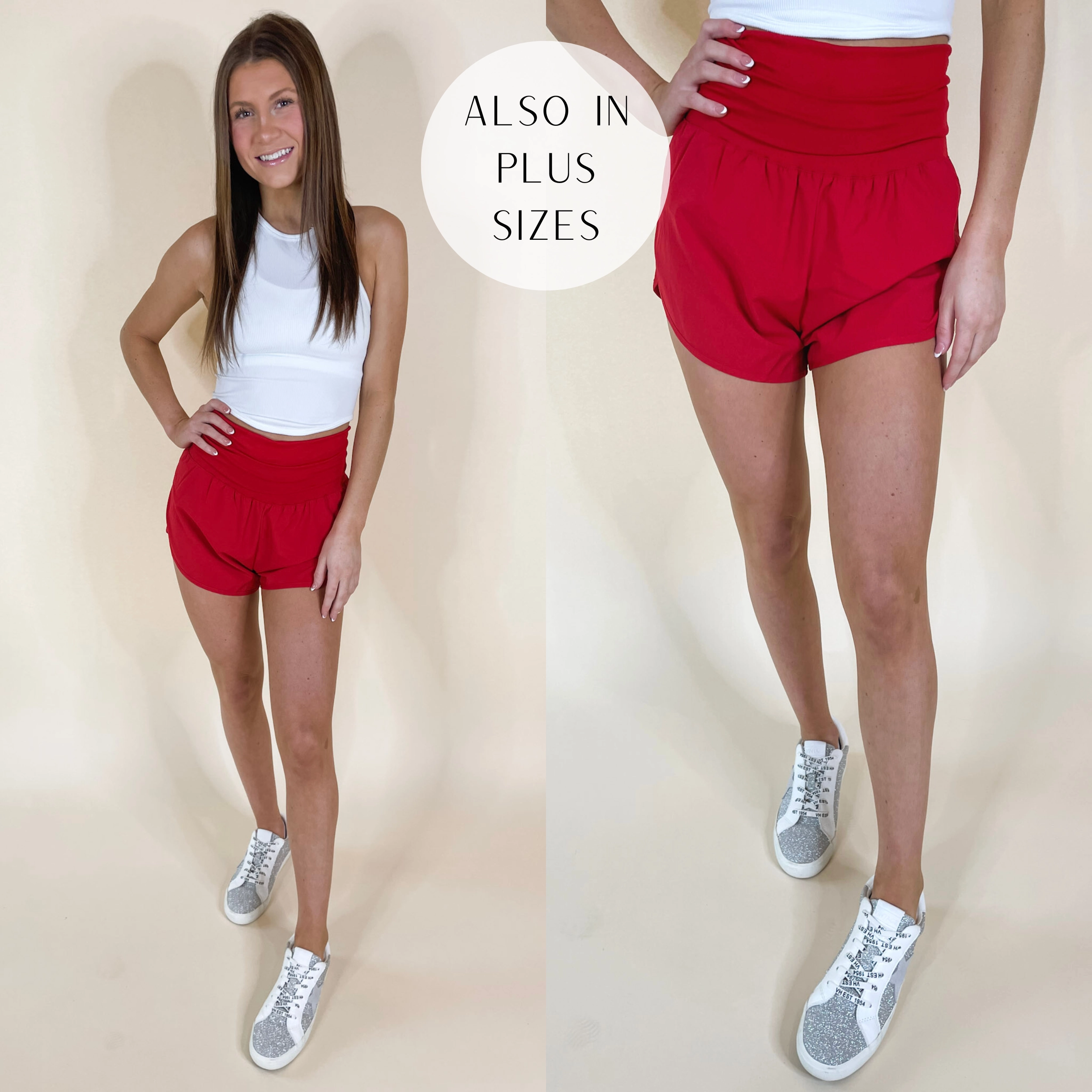Running Laps Fold-Over High Waist Wind Shorts in Red Holiday Glow WaterRepellentCoating