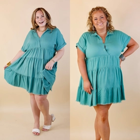 Last Chance Size Small | Taos Transitions Ruffle Tiered Collared Dress with Frayed Hem in Turquoise Trendy Top Classic Jeans