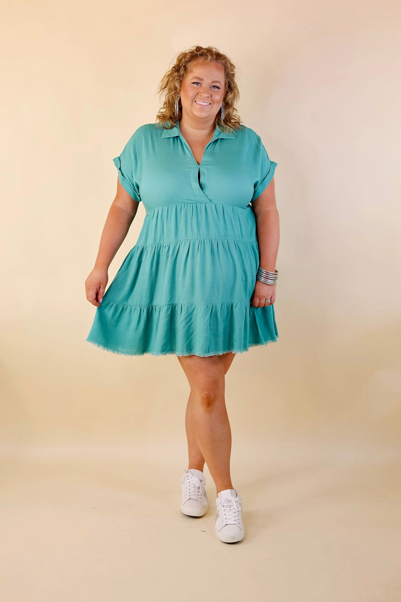 Last Chance Size Small | Taos Transitions Ruffle Tiered Collared Dress with Frayed Hem in Turquoise Lightweight Feel Craft Edge