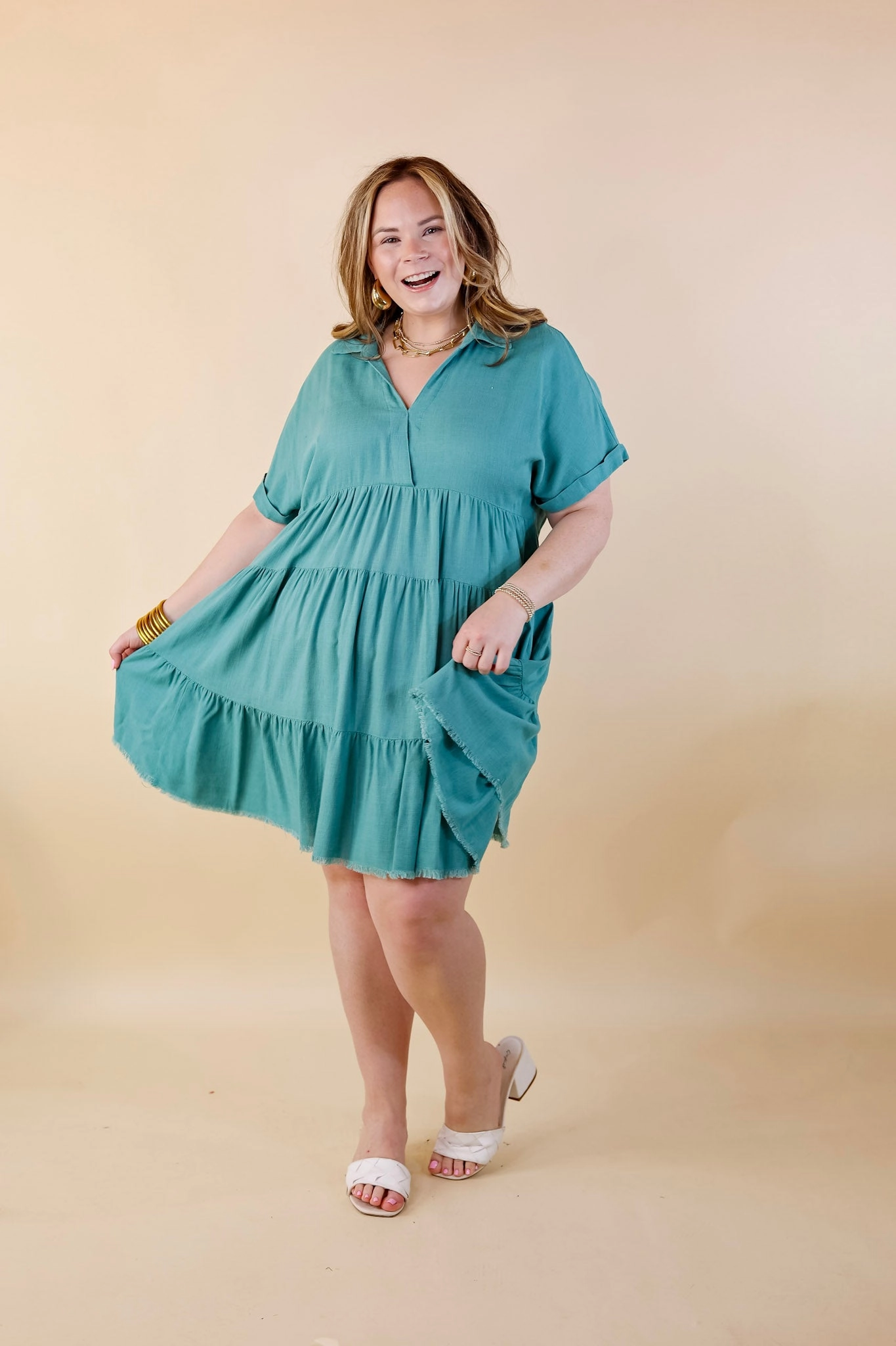 Baby Soft Last Chance Size Small | Taos Transitions Ruffle Tiered Collared Dress with Frayed Hem in Turquoise