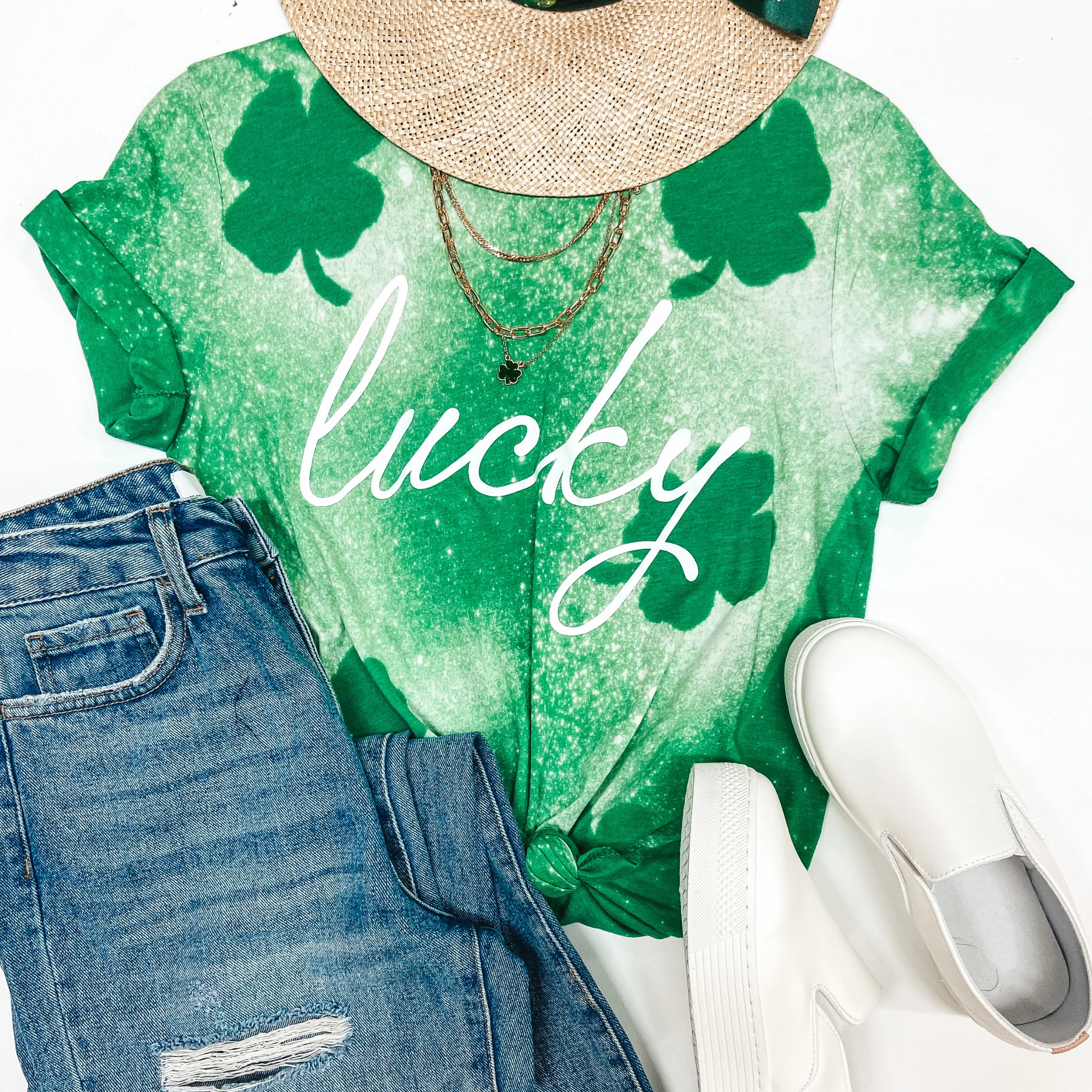 Lucky Bleach Splatter Shamrock Graphic Tee in Green Adult sophistication
