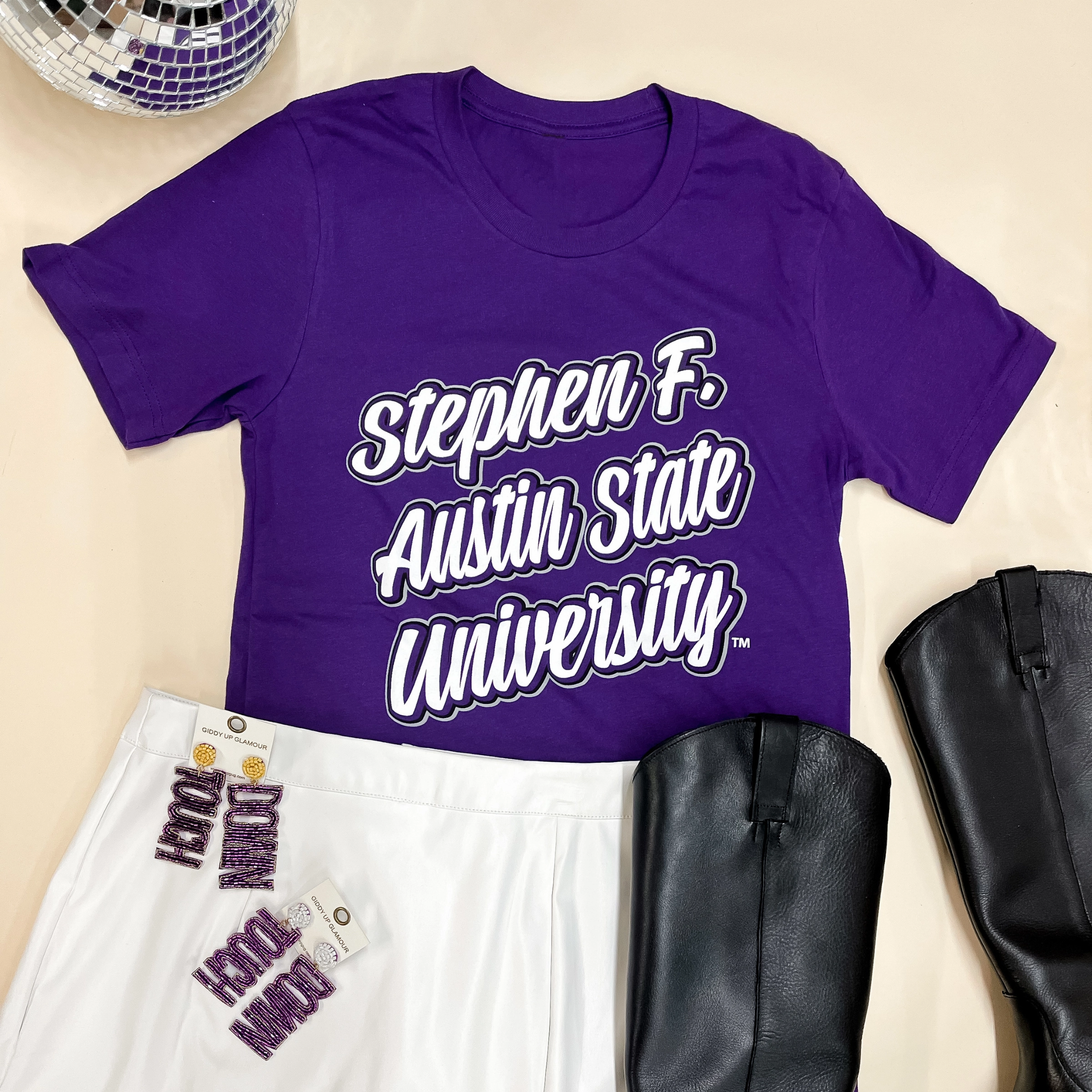 Lumberjack Game Day | Stephen F. Austin State University Short Sleeve Graphic Tee in Purple Easy Layering Hotel Style