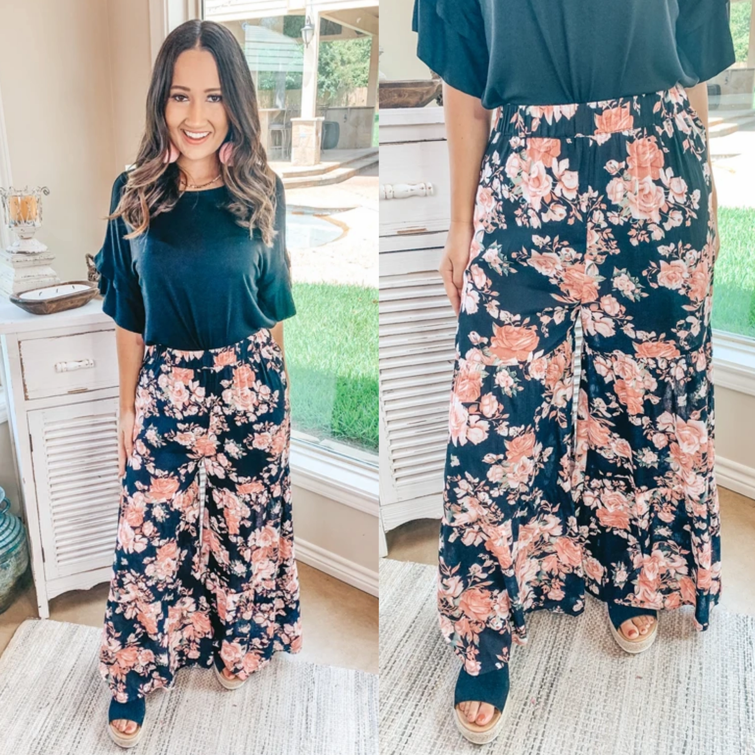 Last Chance Size Small & Medium | Breaking Free Floral Wide Leg Ruffle Pants in Black Agile Fit Quick Fit