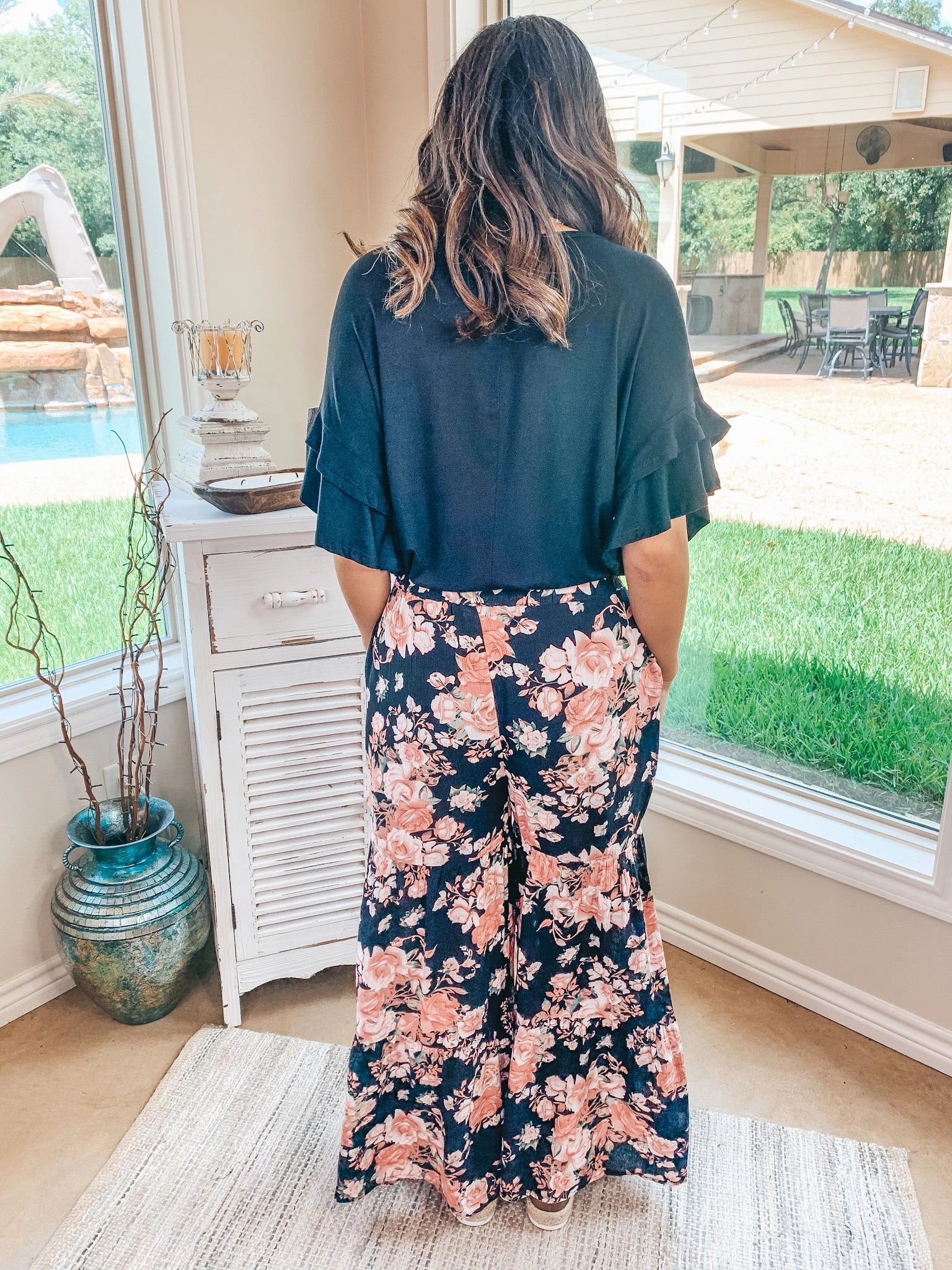AntimicrobialCoating Timeless Skirt Last Chance Size Small & Medium | Breaking Free Floral Wide Leg Ruffle Pants in Black