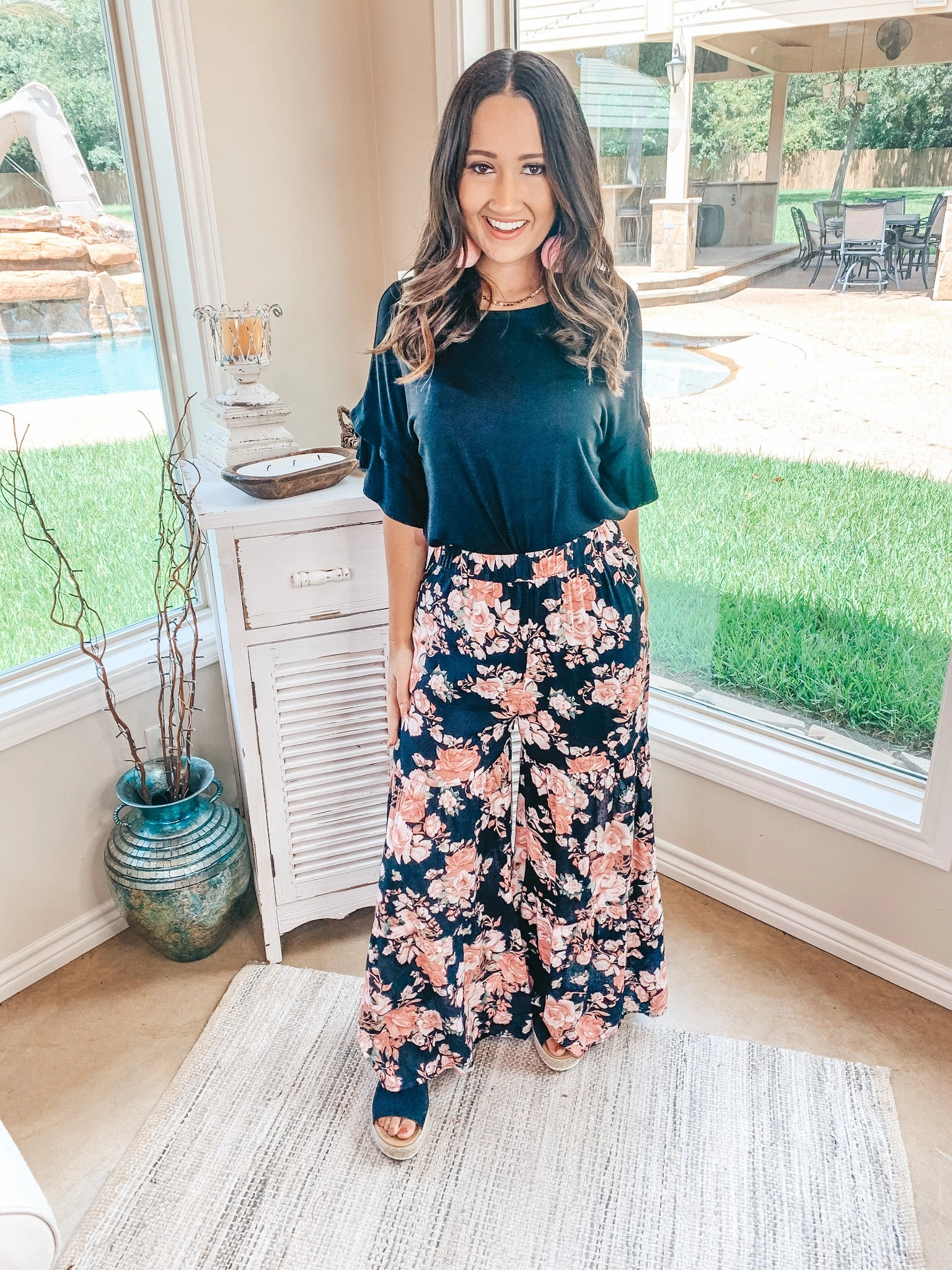 SustainableCertified StaticFreeLining Last Chance Size Small & Medium | Breaking Free Floral Wide Leg Ruffle Pants in Black