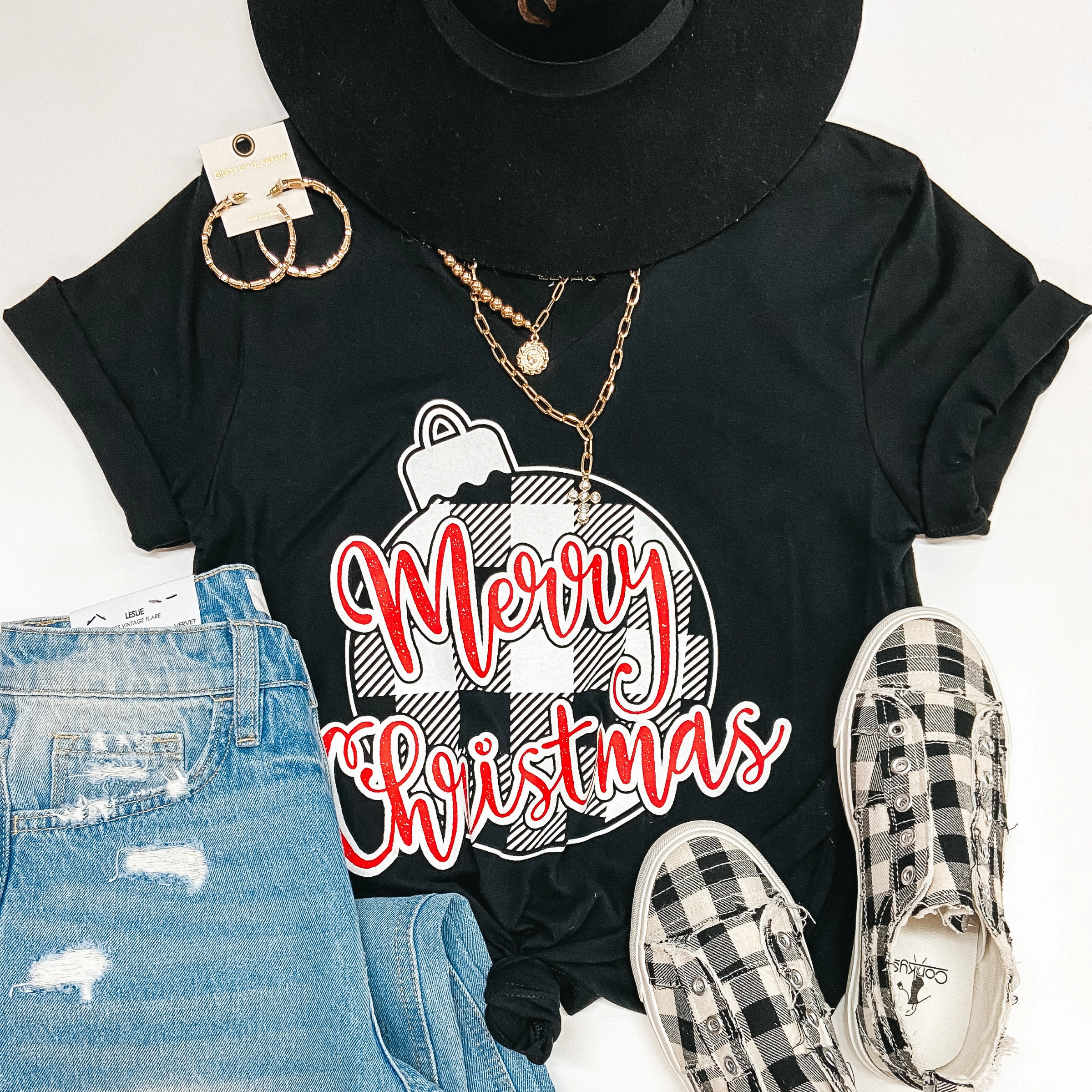 Warm Pullover Last Chance Size Small | Merry Christmas in Buffalo Plaid Ornament Short Sleeve Graphic Tee in Black