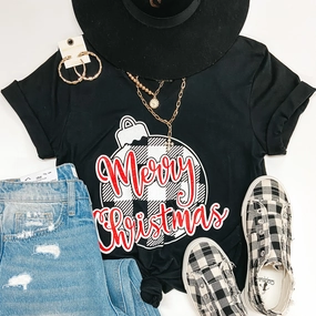 Last Chance Size Small | Merry Christmas in Buffalo Plaid Ornament Short Sleeve Graphic Tee in Black Cozy Pajamas Snow Ready