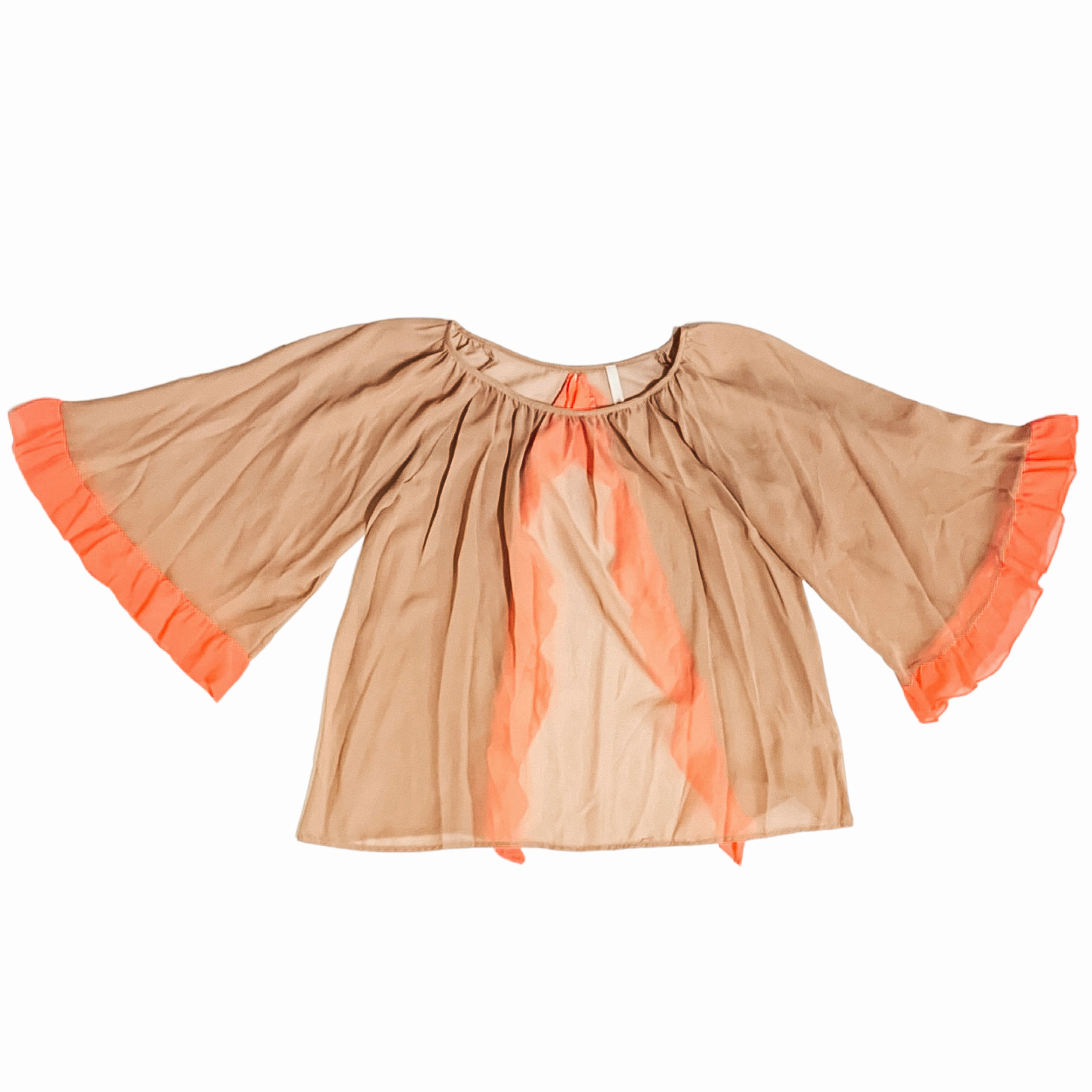 Cozy Knit Comfortable Style Sheer Open Back Blouse with Orange Ruffle Hemlines in Tan