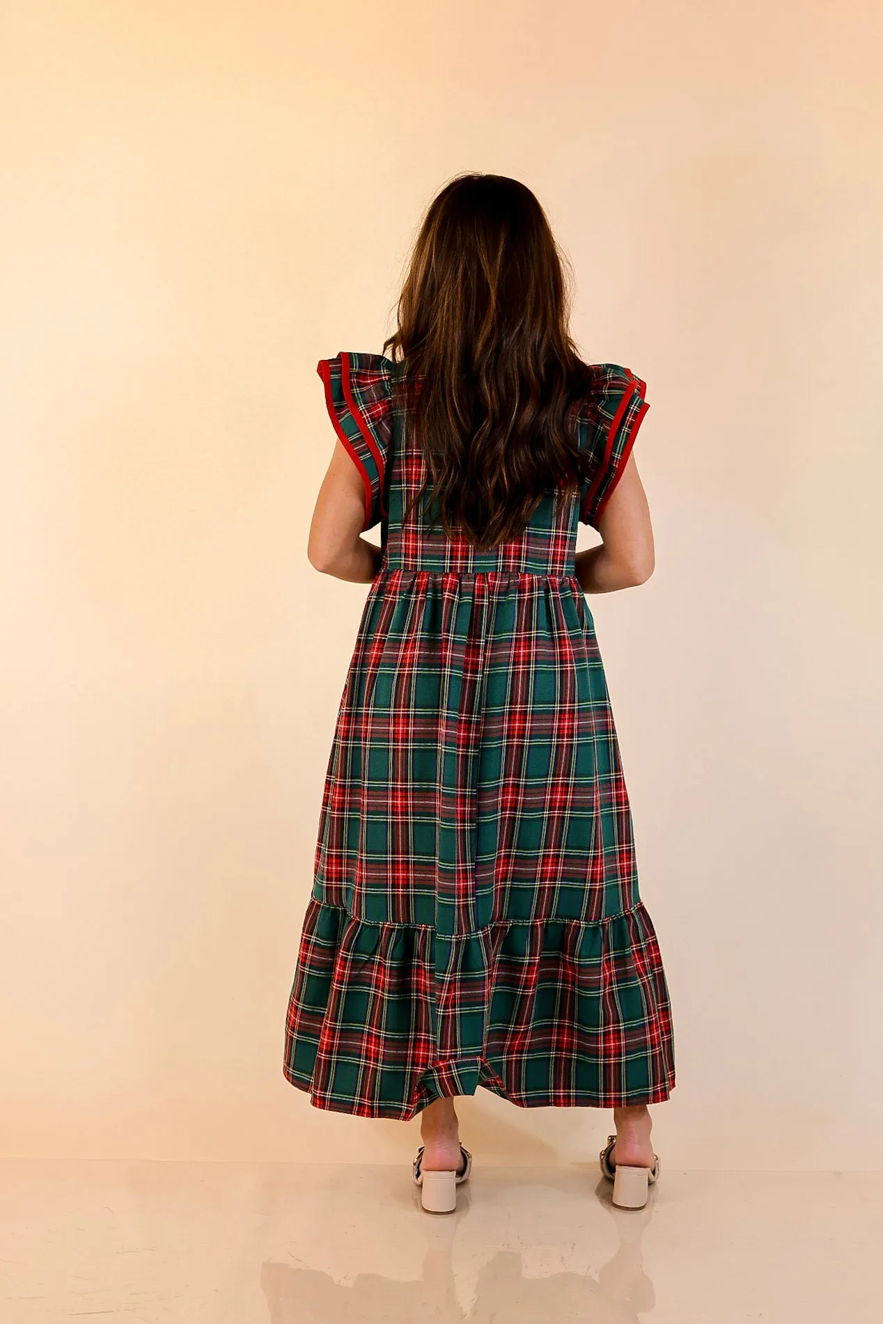 Magnolia Morning Plaid Ruffle Cap Sleeve Tiered Midi Dress in Green Boho Free