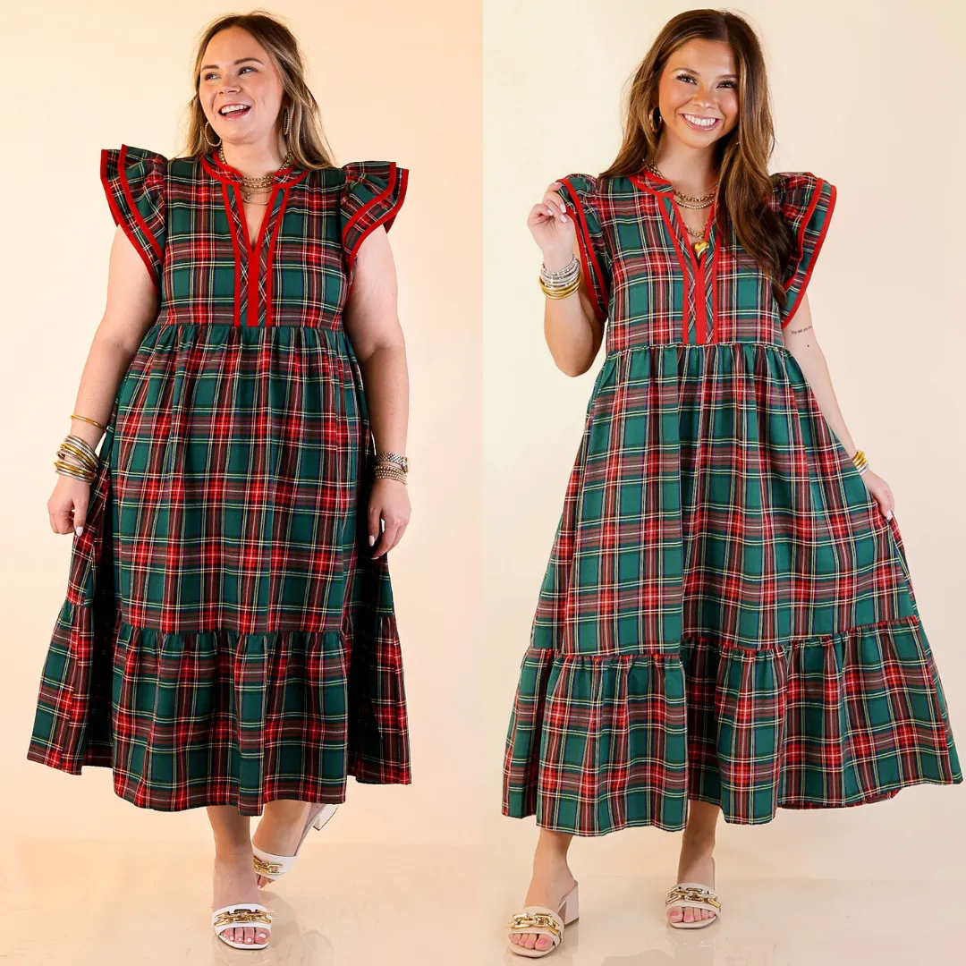 Day Glow RollUp Sleeves Magnolia Morning Plaid Ruffle Cap Sleeve Tiered Midi Dress in Green