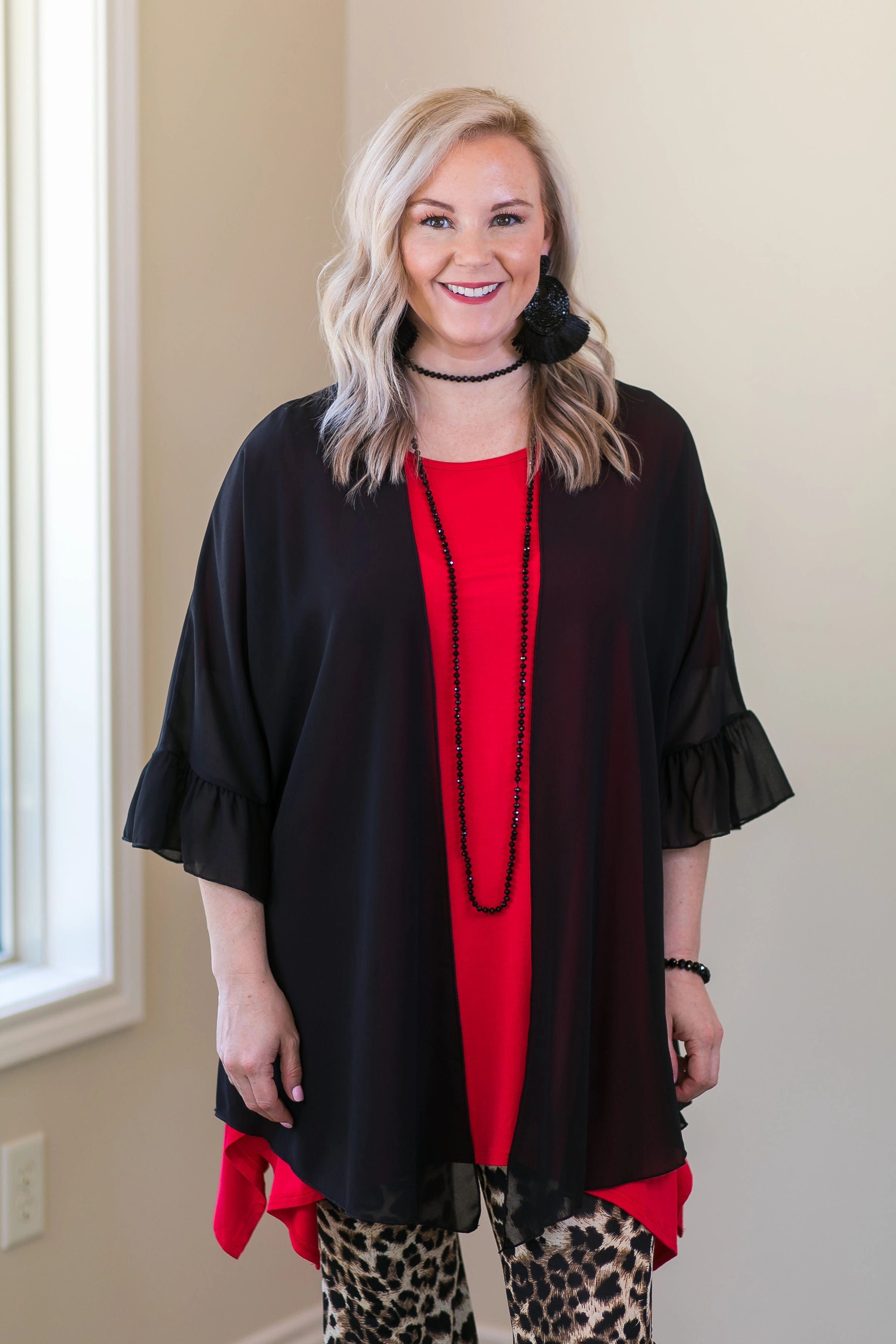 Last Chance Size Small | Tell Me About It Solid Sheer Kimono with Ruffle Sleeves in Black Stretchable Material