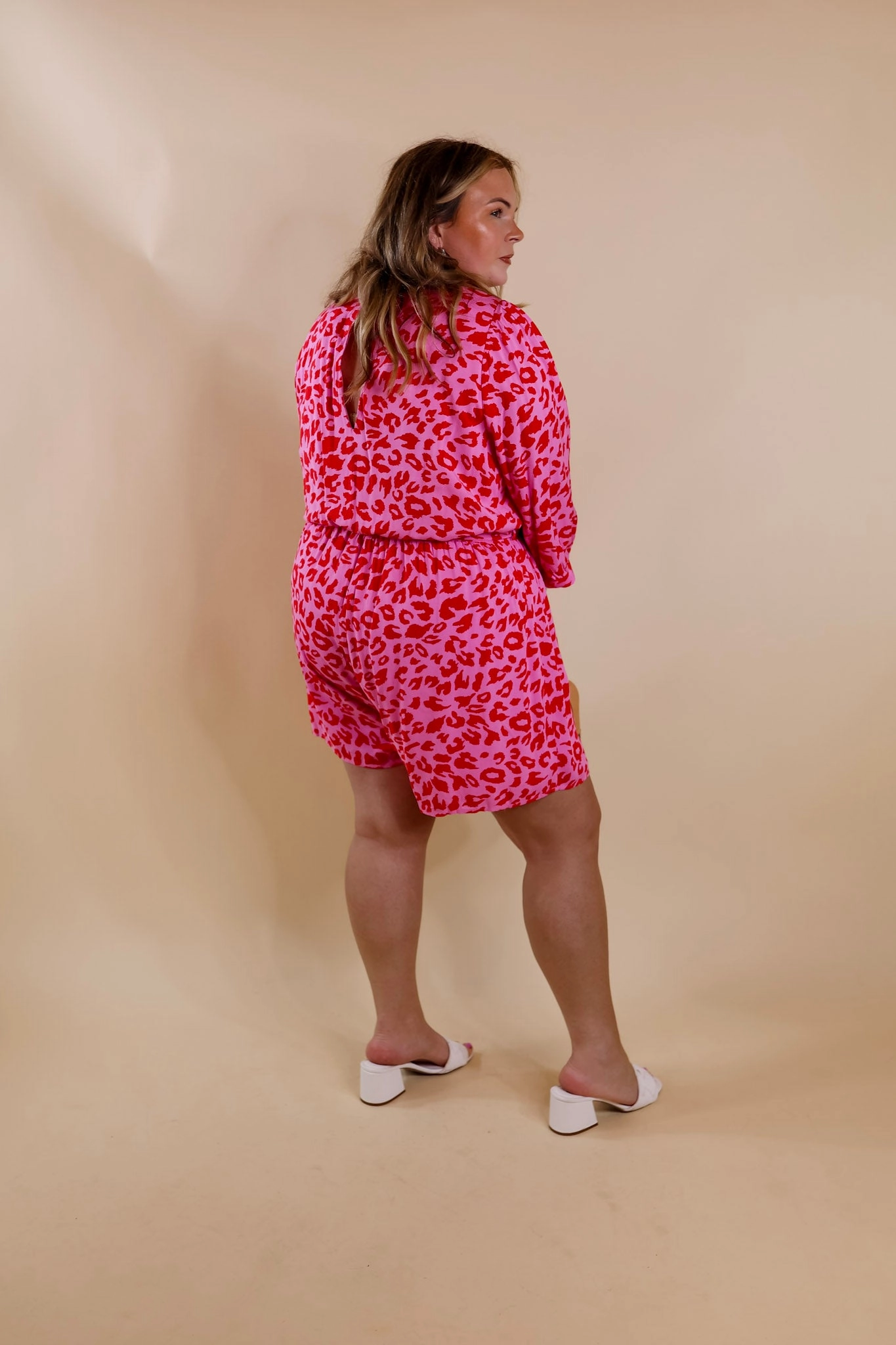 Stop The Show Leopard Print Romper with Waist Tie in Pink Elite Vibe