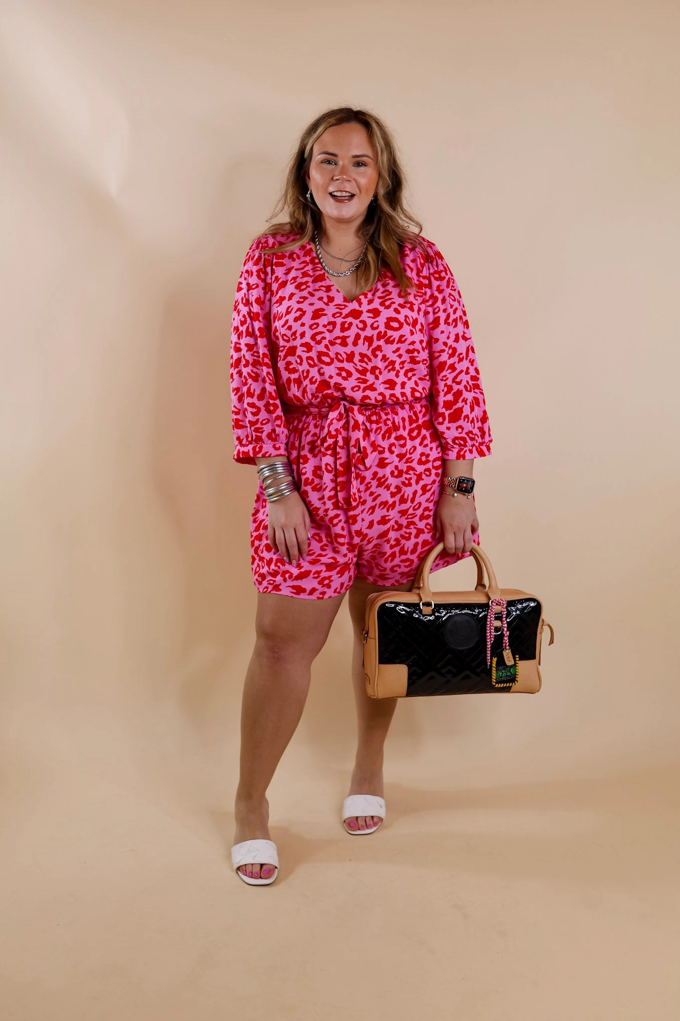 Windproof Fabric Stop The Show Leopard Print Romper with Waist Tie in Pink