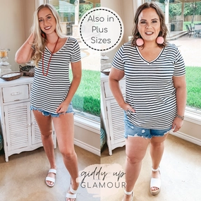 River Core Last Chance Size 2XL & 3XL | Simply The Best Striped V Neck Short Sleeve Tee Shirt in Ivory