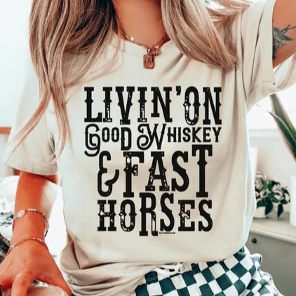 Online Exclusive | Livin' On Good Whiskey & Fast Horses Graphic Tee in Cream Sleek And Stylish Casual Style Wear