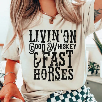 Online Exclusive | Livin' On Good Whiskey & Fast Horses Graphic Tee in Cream Breathable Cotton Fabric