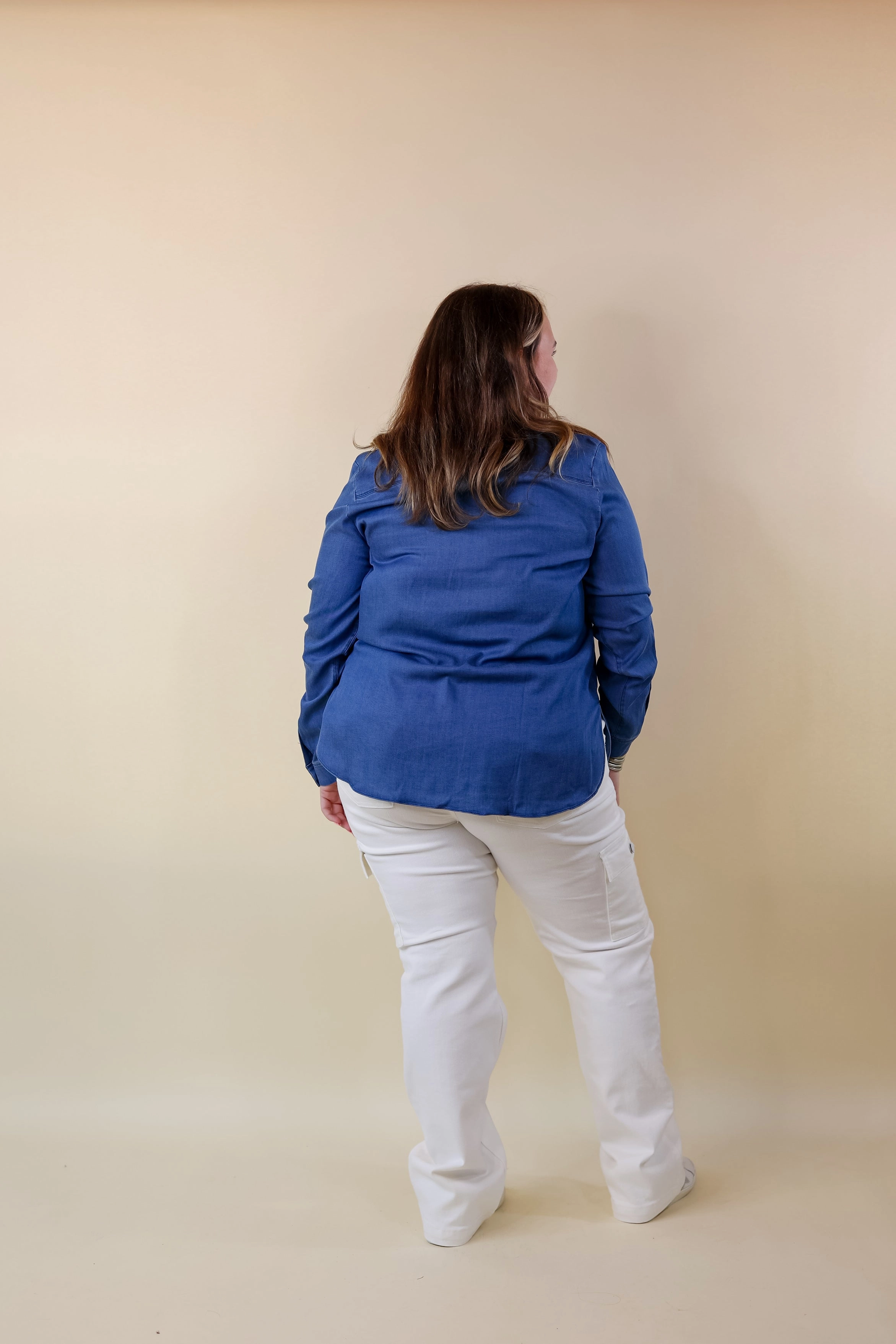 Lyss?? | Drew Button Down Chambray Denim Shirt in Mid Wash LayeredConstruction