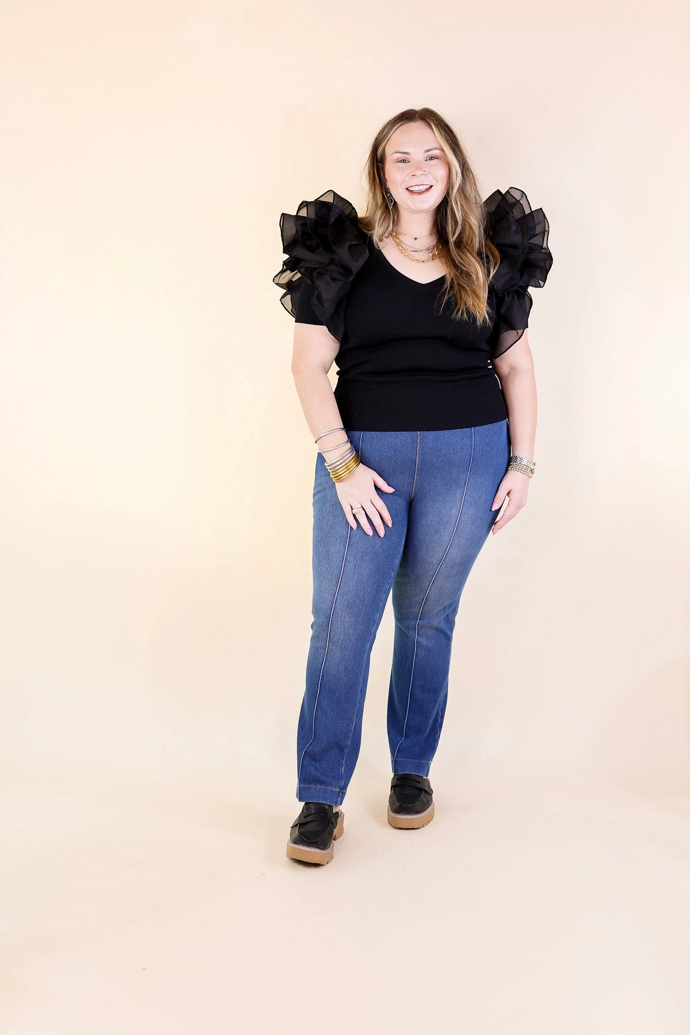 Lyss?? | Elle Ankle Flare Denim Trousers in Mid Wash Weatherproof